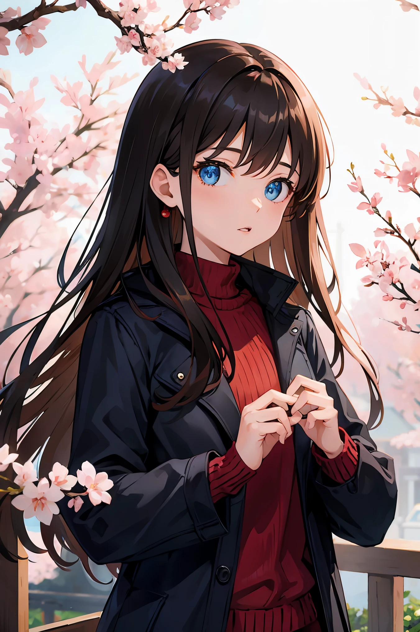 1 female、whole body、brown hair、long hair、well-groomed face、dense lips、blue eyes、Red knitwear、slim、、black coat、black shorts、cherry blossoms、cherry blossomsノ雨、petal、garden、masterpiece、ultra high resolution、delicate、perfect lighting、sunlight、16K