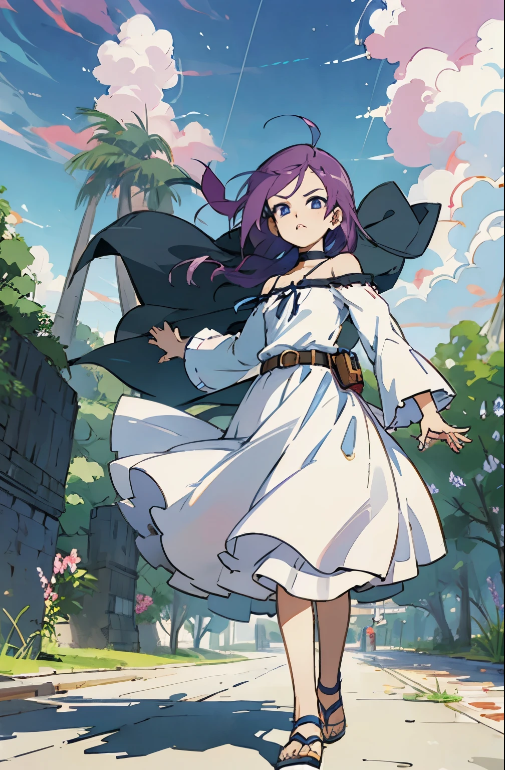 Kisho, 1 girl, purple hair, fantasy world, Remains, Bang, beautiful sky, shining sky, sunlight, waving, sandals, belt, ribbon choker, Dresses that blow the wind, Black and White lace dress, Off-shoulder sleeve, both hands, perfect fingers, five fingers, beautiful eyes