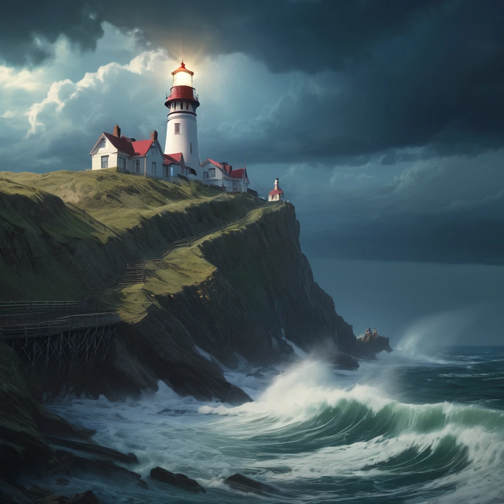 Lighthouse, aesthetic, extremely detailed, cliffs storm sea lighthouse Epic cinematic brilliant stunning intricate meticulously detailed dramatic atmospheric maximalist digital matte painting sinister by Greg Rutkowski