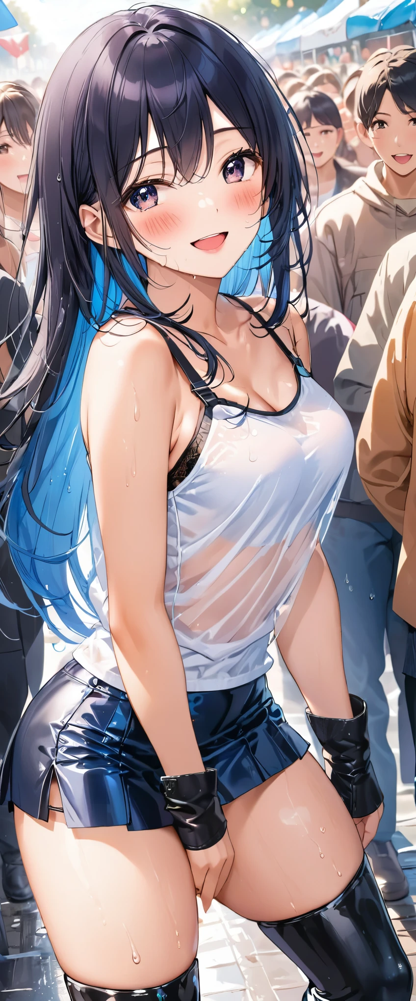 1 female,black hair,25 years old,(((blue shiny micro tight skirt)))((white tank top))(((blush、open mouth smile)),(((straight hair))),(((portrait))),crowd,,(wet with sweat)((sexy black bra and see-through tank top))(leather thigh high boots)((turn around and look back))