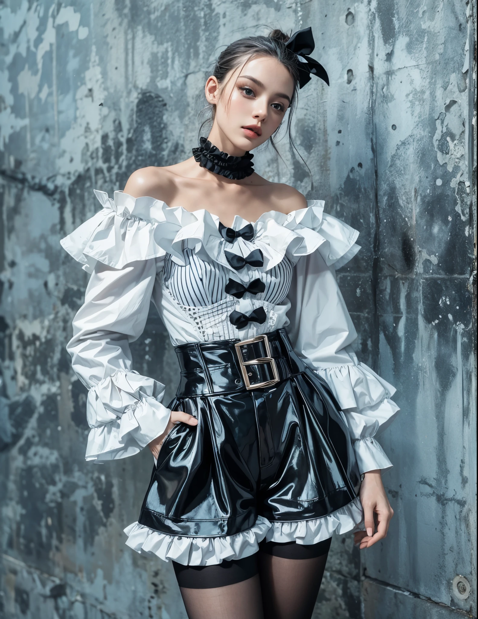 (Realistic, masterpiece, best Quality:1.4), fog and mist Blurred background, Perfect and beautiful concrete background, Inorganic and nostalgic white lighting,
1girl, standing,
BREAK
(mode fashion:1.4), Monochrome Pierrot Costume,
Opt for a fitted corset bodice with black and white diamond patterns, accentuating the waist, Layer with a ruffled, off-the-shoulder blouse in contrasting black and white hues, adorned with oversized bows for a whimsical touch,
BREAK
Pair with high-waisted black pants, featuring exaggerated ruffles or pleats for added volume and drama,
Accessorize with black and white striped stockings or tights, and patent leather ankle boots with oversized buckles for a modern twist on classic clown footwear,
BREAK
