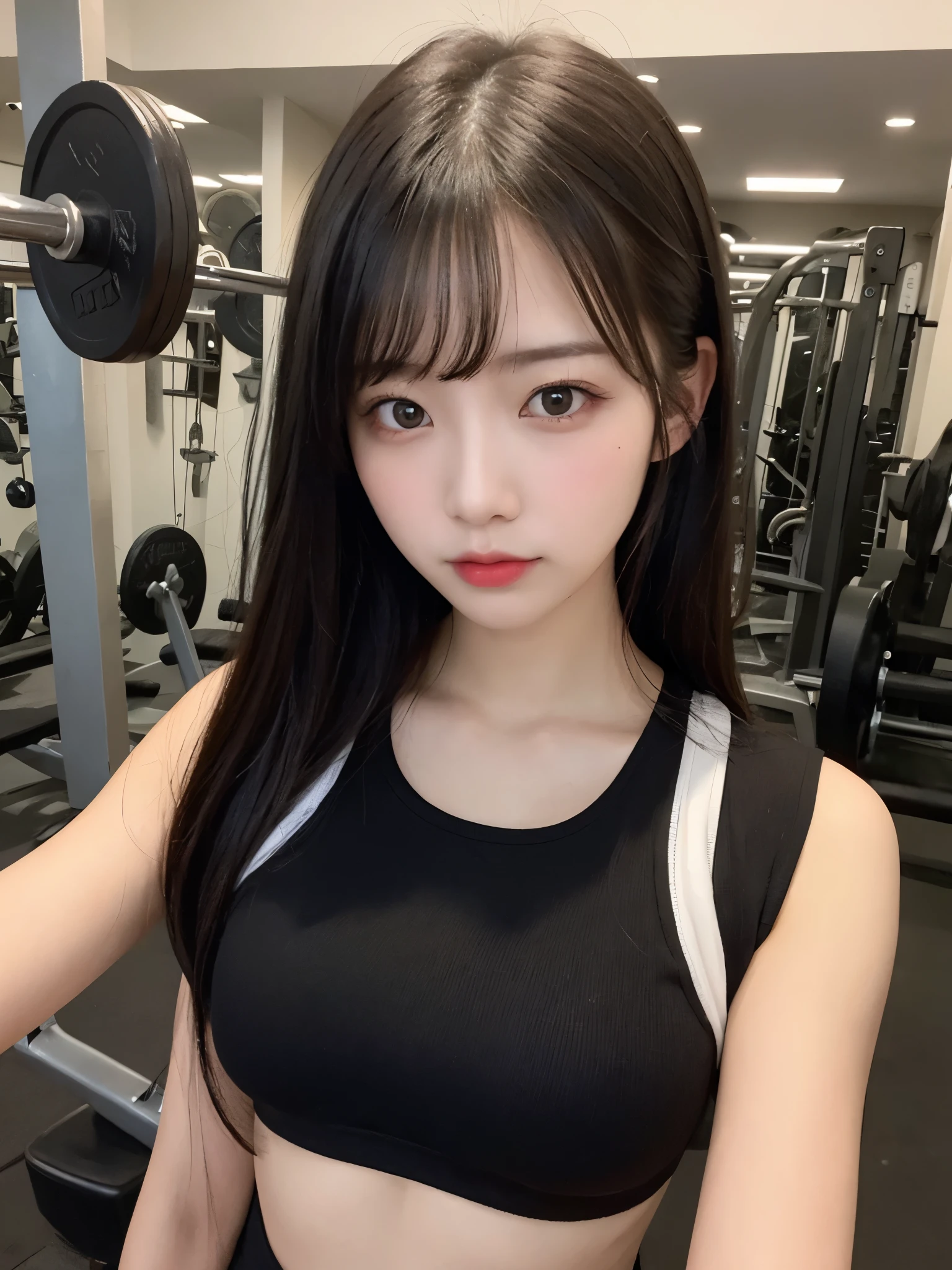 1girl, solo,black hair, long hair, large breasts, black top, gym