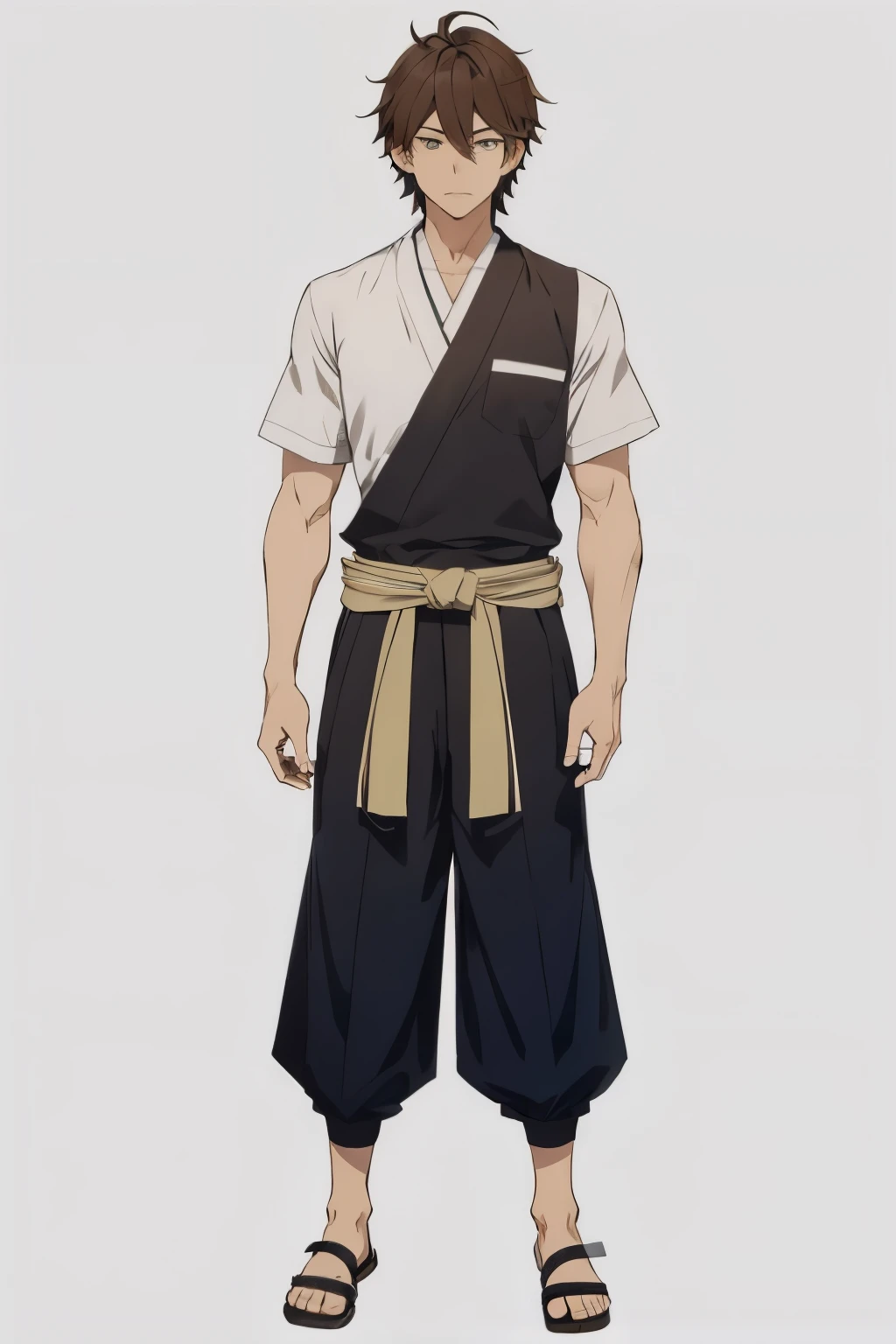 Sōshirō exhibits an understated charm with his disheveled brown hair and captivating azure eyes. Standing at an average height, his build is moderate, and he carries an unassuming aura. His haori is usually left unbuttoned, revealing a black inner shirt of obsidian color. The absence of sleeves on his tekkō adds to his laid-back demeanor. The combination of his carefree attire and unassuming appearance makes for a striking full-body image.