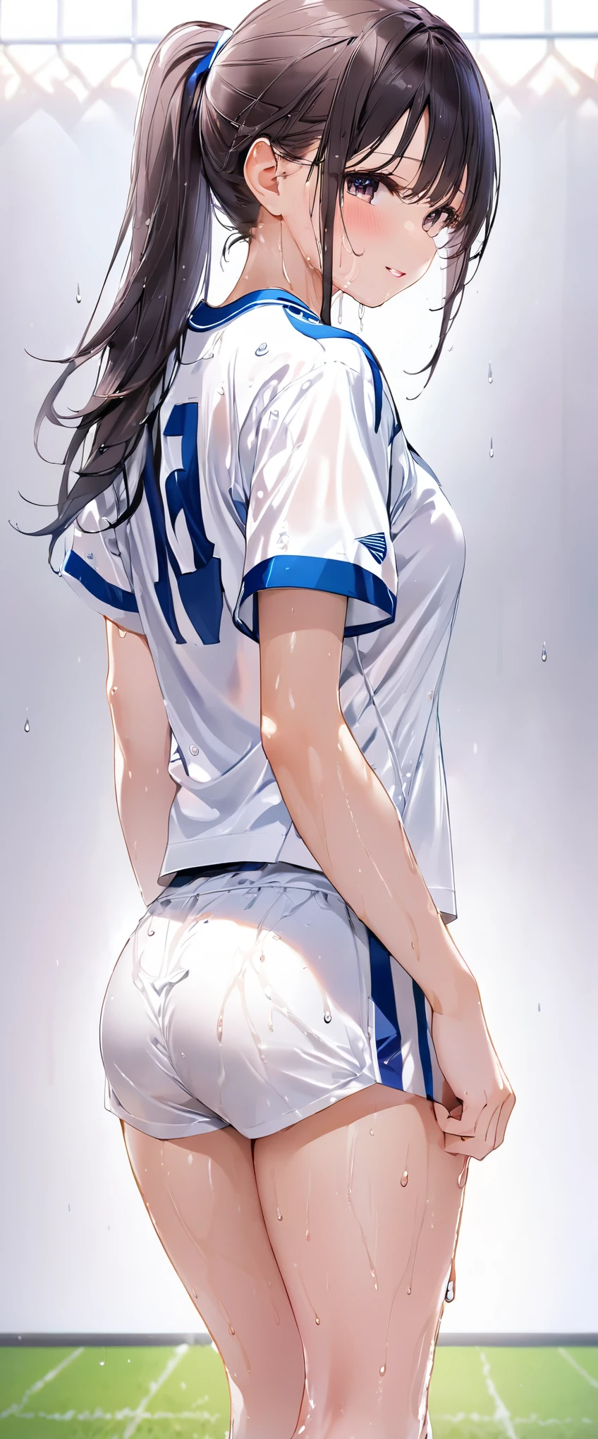 (masterpiece,highest quality,超A high resolution),japanese woman, (((very beautiful girl))), pretty girl、look at the photographer、 ((beautiful low ponytail)), super cute face, glossy lips, double eyelids in both eyes,natural smile、 natural makeup, long eyelashes, Shiny and smooth hair、center image, perfect limbs, perfect anatomy,(((White football uniform)))、(((turn around and look back)),(wet with sweat),,