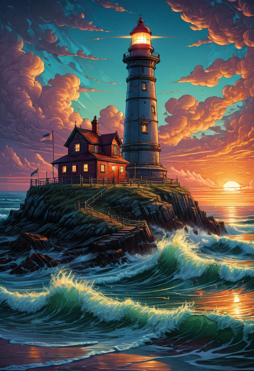 Lighthouse, by dan mumford, (best quality, masterpiece, Representative work, official art, Professional, 8k, Ultra intricate detailed:1.3)