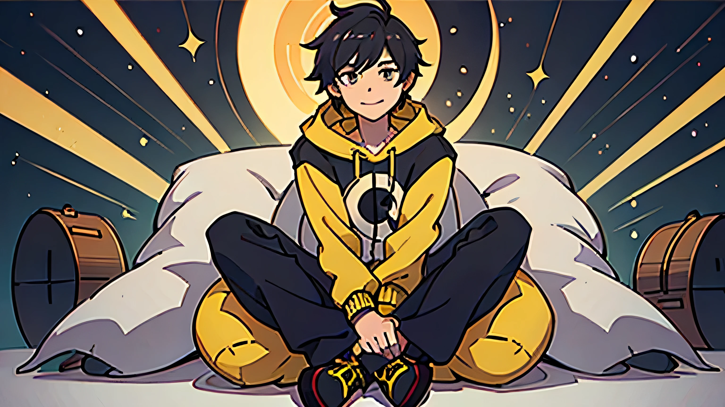 Handsome Anime Character Business Character With A smiling Face, A Black and Yellow Hoodie. He Is Sitting Behind His Studio, Arms On His Desk. It Is Night. The Room Has Volumetric Lighting. He Is Front Facing To The Camera, Looking Straight And Centered, Central Portrait, Sitting Straight, Front View, Centered Looking Straight