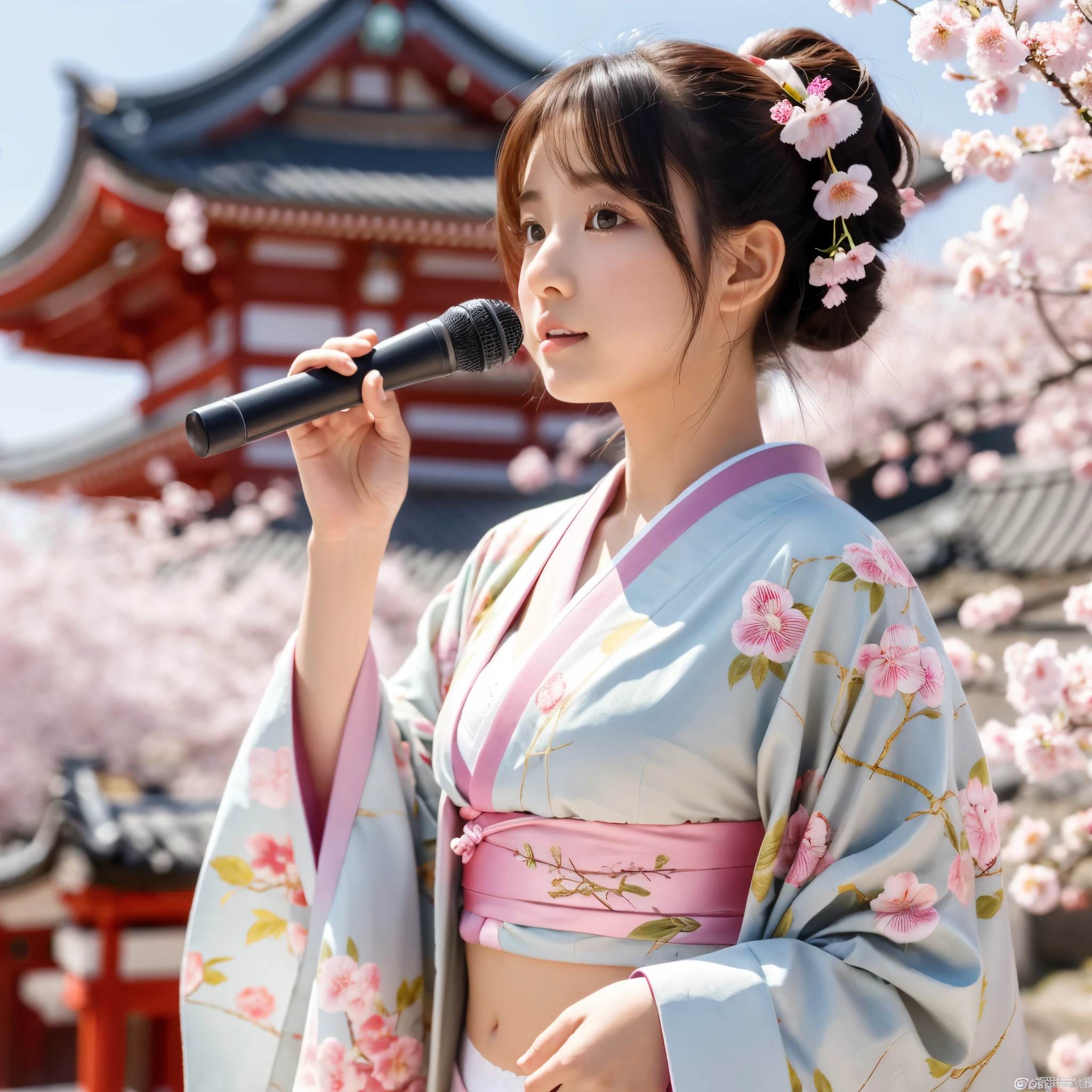 (RAW photo:1.2), (realistic), beautiful detailed girl, highly detailed eyes and face, thin and beautiful eyes, huge file size, High resolution, very detailed, highest quality, [table top:1.6], shape, very detailed, small details, highest quality, 8k wallpaper, movie lighting, 15 year old Japanese singer, The front of the kimono is open., In front of a temple in Kyoto, Japan, The front of the kimono is open to reveal the underwear.,white bra is visible,  Wearing white panties,  slim body, young face, small breasts, exposed underwear, ponytail, spring scenery, sakura season, Terrible cherry blossom blizzard, Open spring kimono