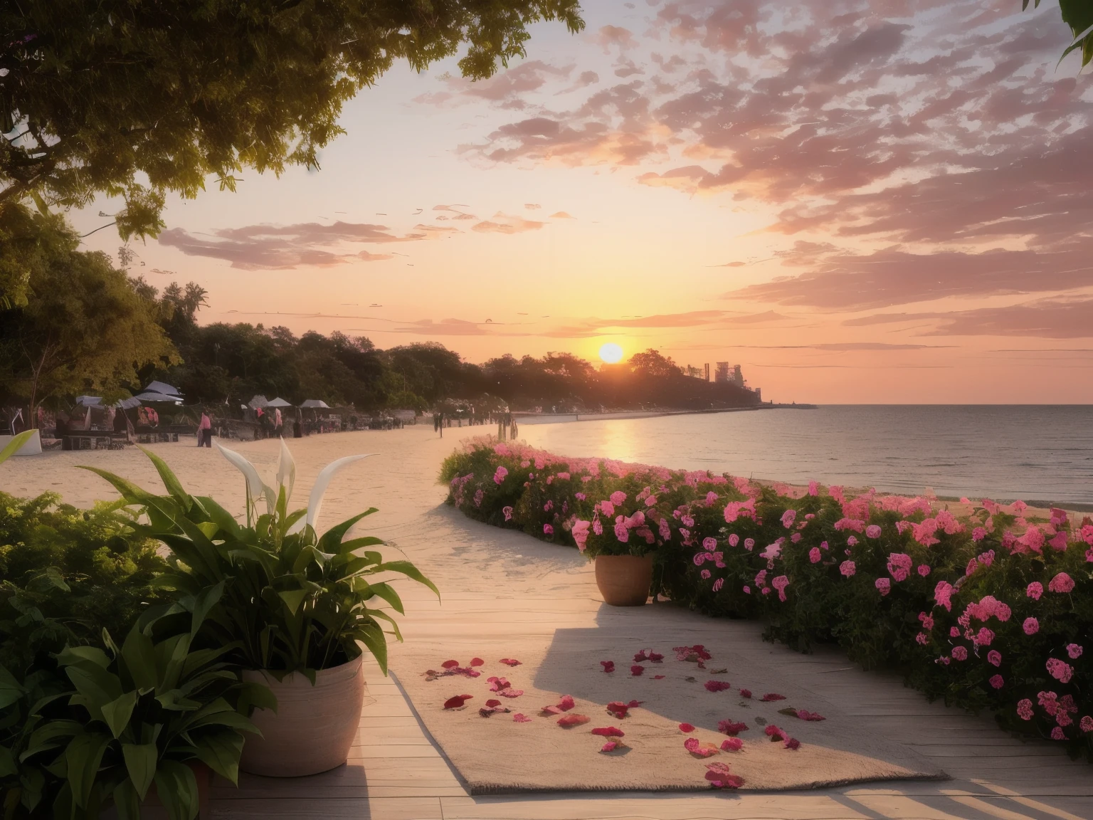 (best quality, artwork: 1.1), (Realistic: 1.4), 8k, beautiful landscape of women's day, a lot of peace lily plants, a lot of roses, beautiful sunset, beach