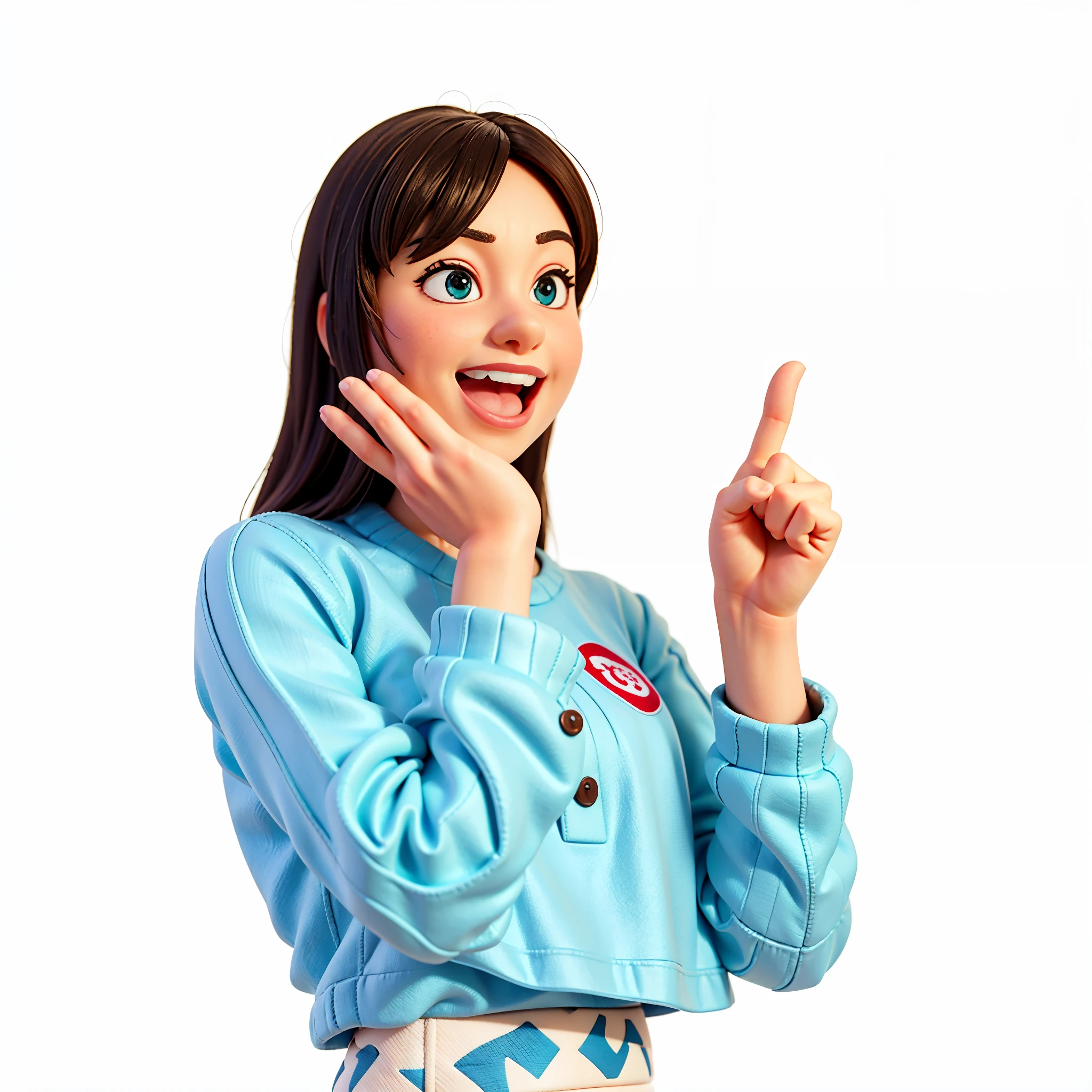 pixar character, cg image, game character, woman in blue shirt making a gesture with her hand, with index finger, she expressing joy, she is smiling and excited, excited facial expression, young woman, with pointing finger, ad image, excited expression, chiho, pointing