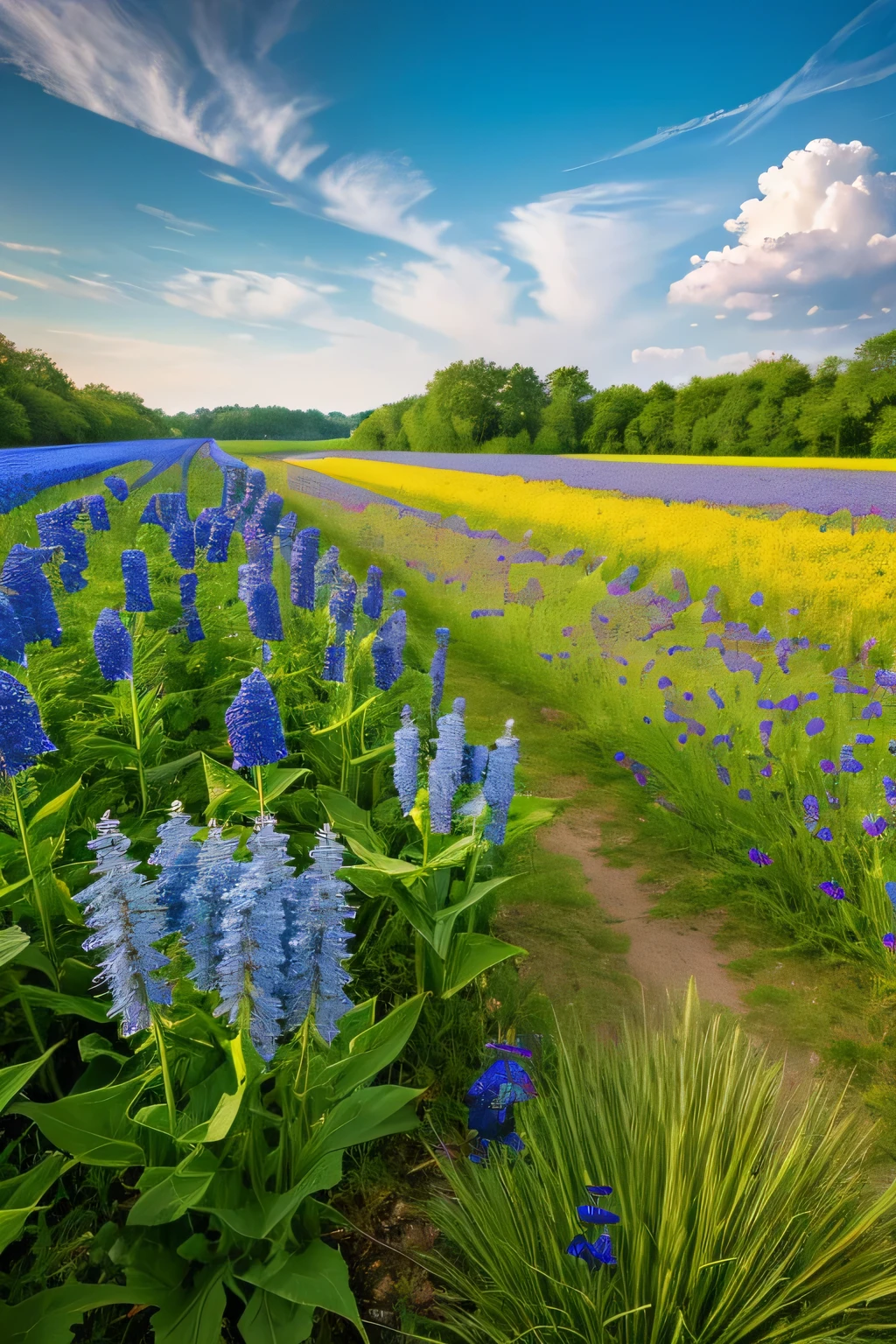 Bildschirmhintergrund, 4k, sehr detailliert, Fotorealistisch, Natur, Fluss, Feld, Blumen, cornBlumen
