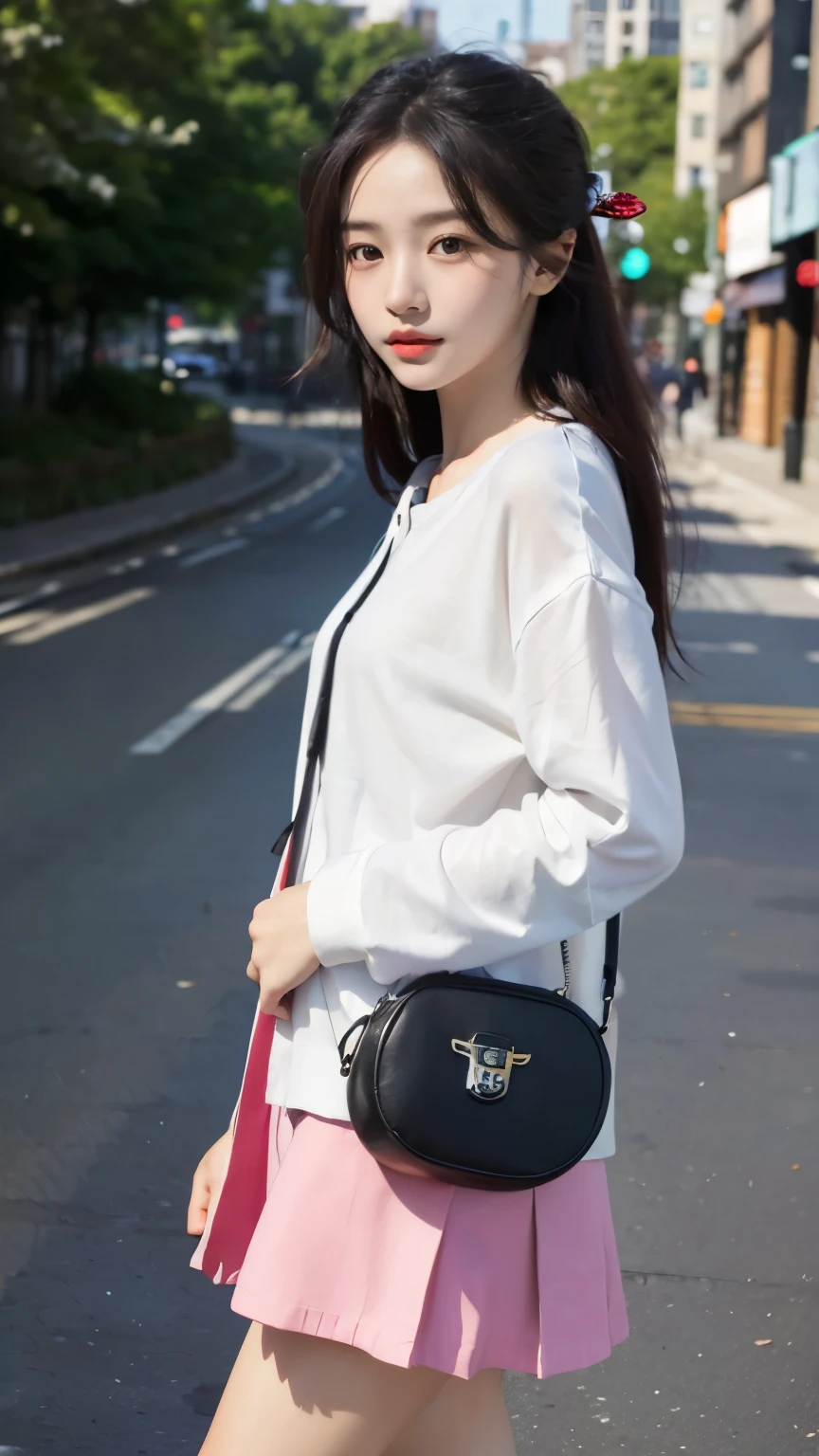 ((best quality, 8 thousand, masterpiece:1.4)), (1 woman), ((very small face:1.3)), masterpiece, best quality, very detailed, illustration, wide angle, A girl is standing in the middle of the road, alone, Pink cherry trees on the central road and roadside, whole body, 20's, sweater, short skirt, fashion,, composition, balance, Harmony, rate, color, light, shadow, reflect, refraction, interval, difference, Panorama, center field, background, naturalistic, figurative, expressive,