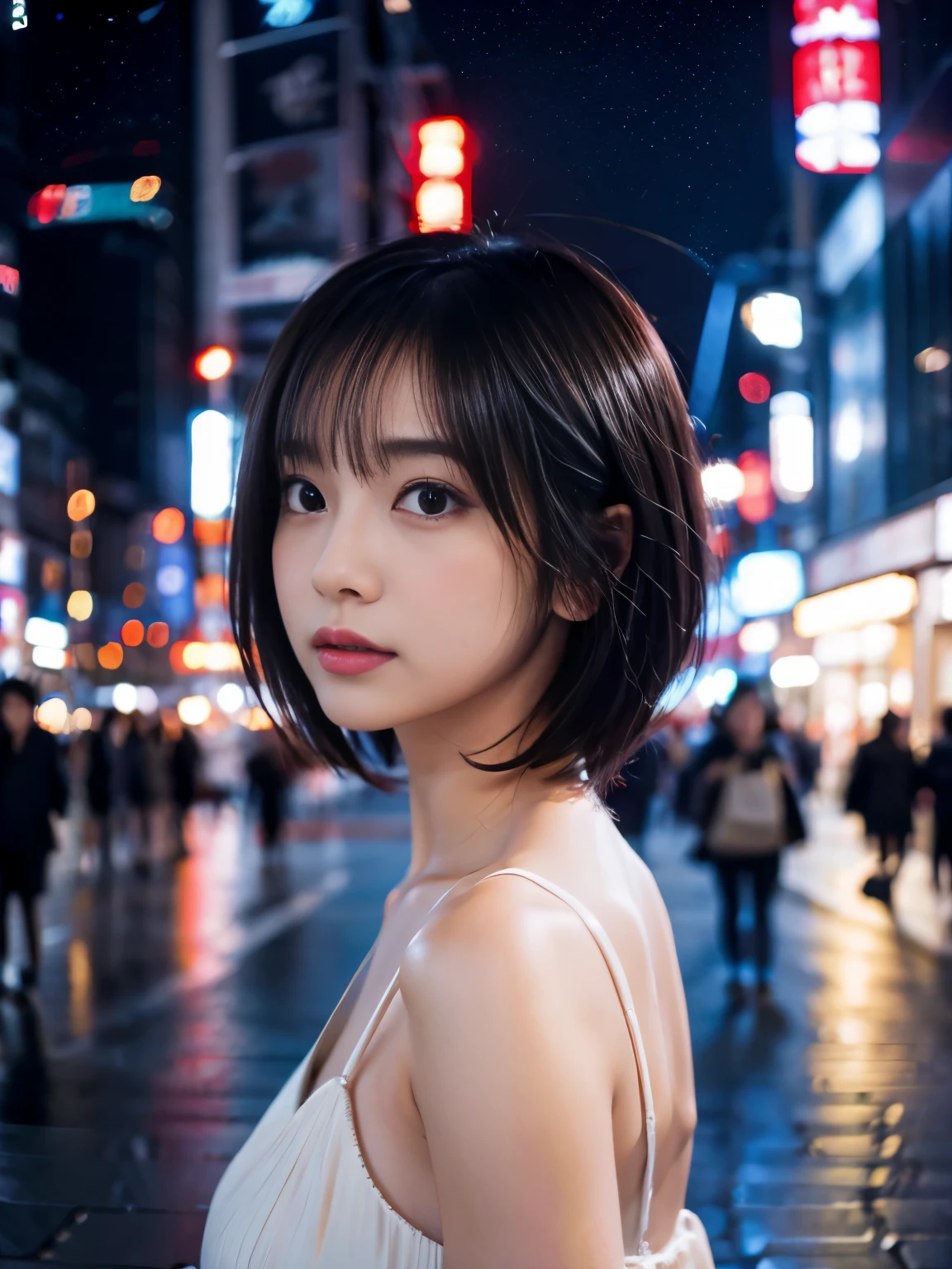 (Photoreal:1.4)、(surreal:1.4)、(cinematic:1.5)、27 year old female、short hair、solo、Japanese actress、(beautiful and delicate face)、Rain Shibuya、night、sexy costume、looked back、angle from below、Photos I&#39;ve never seen、eyes look to the left、