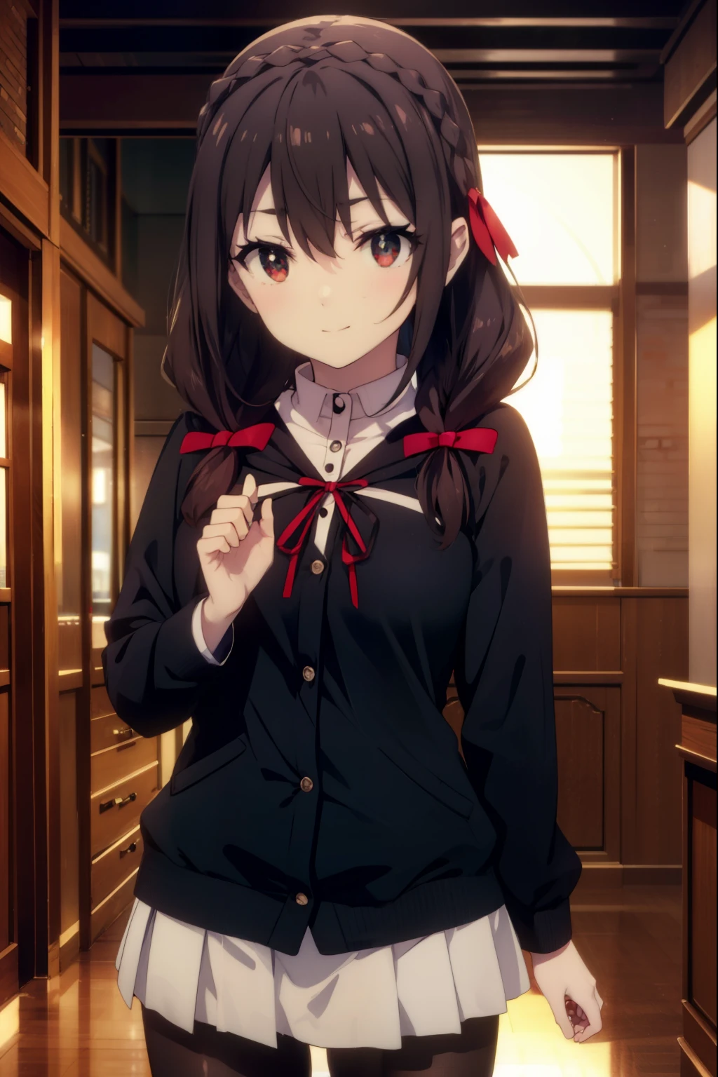 konosubaitch, itch, long hair, brown hair, hair ornaments, (red eyes:1.3), bow, ribbon, twin tails, Braid, hair bow,smile,blush,black sailor suit,black pleated skirt,Gray pantyhose,brown loafers,教科書を両手で持ちながら歩いてる
break indoor, School　corridor,
break looking at viewer, (cowboy shot:1.5),
break (masterpiece:1.2), highest quality, High resolution, unity 8k wallpaper, (figure:0.8), (detailed and beautiful eyes:1.6), highly detailed face, perfect lighting, Very detailed CG, (perfect hands, perfect anatomy),