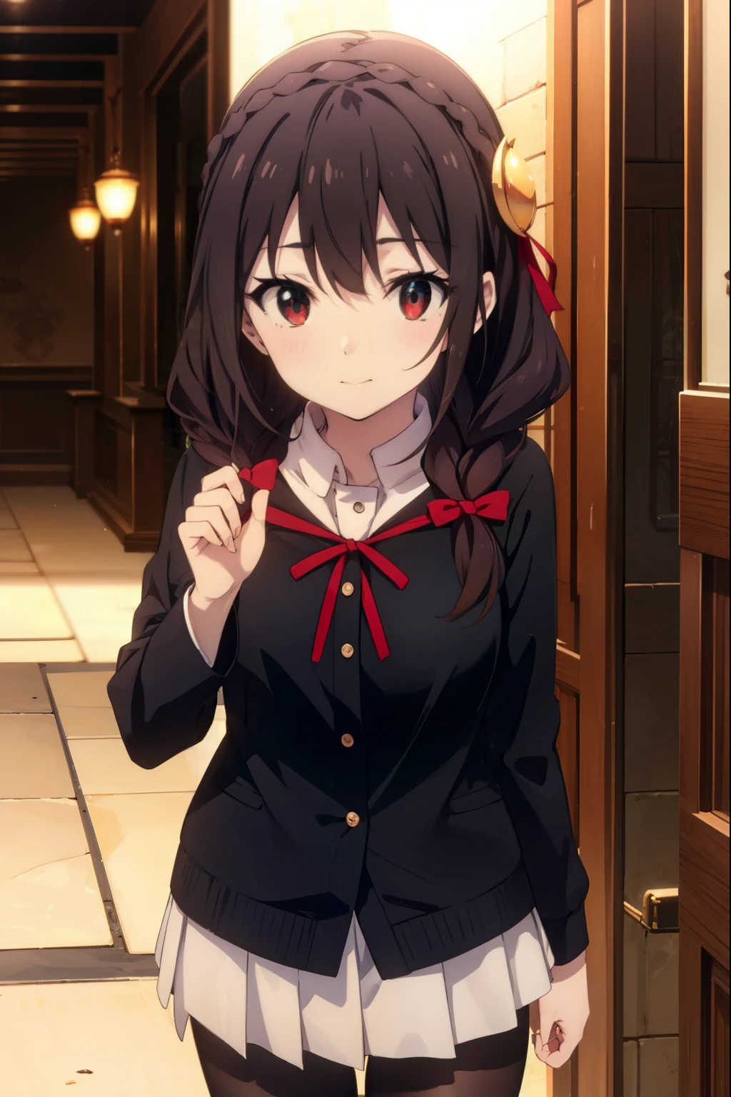 konosubaitch, itch, long hair, brown hair, hair ornaments, (red eyes:1.3), bow, ribbon, twin tails, Braid, hair bow,smile,blush,black sailor suit,black pleated skirt,Gray pantyhose,brown loafers,教科書を両手で持ちながら歩いてる
break indoor, School　corridor,
break looking at viewer, (cowboy shot:1.5),
break (masterpiece:1.2), highest quality, High resolution, unity 8k wallpaper, (figure:0.8), (detailed and beautiful eyes:1.6), highly detailed face, perfect lighting, Very detailed CG, (perfect hands, perfect anatomy),