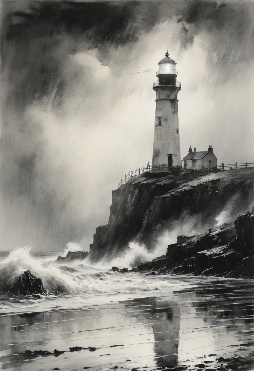 Lighthouse, old man, heavy rain, by Norman Ackroyd, (best quality, masterpiece, Representative work, official art, Professional, 8k, Ultra intricate detailed:1.3)