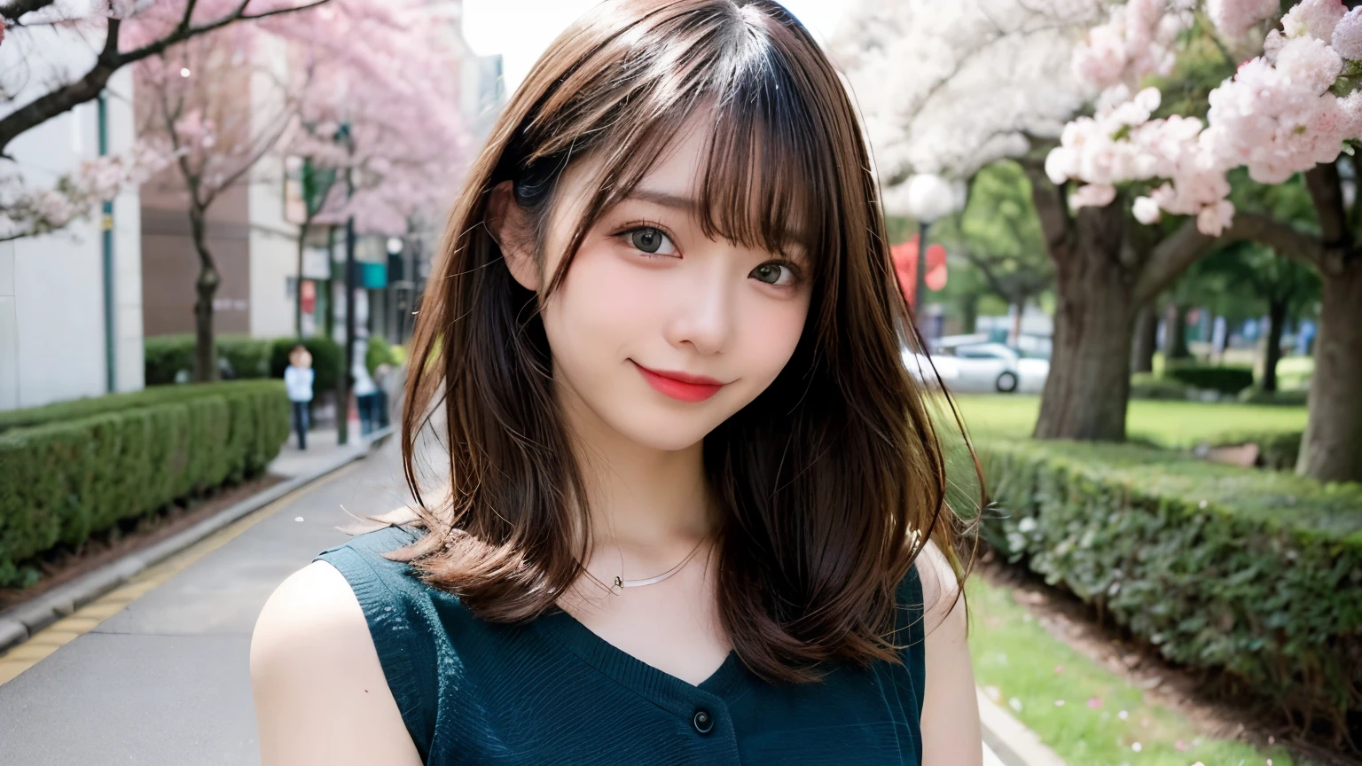 table top, highest quality, shape, Super detailed, finely, High resolution, 8k wallpaper, 完璧なダイナミックな構shape, finelyて美しい目, Wearing a green dress,medium hair,natural color lip, smile,Harajuku、teenage girl、cute、looking at the camera、C cup、brown hair、Blurred cherry blossom background