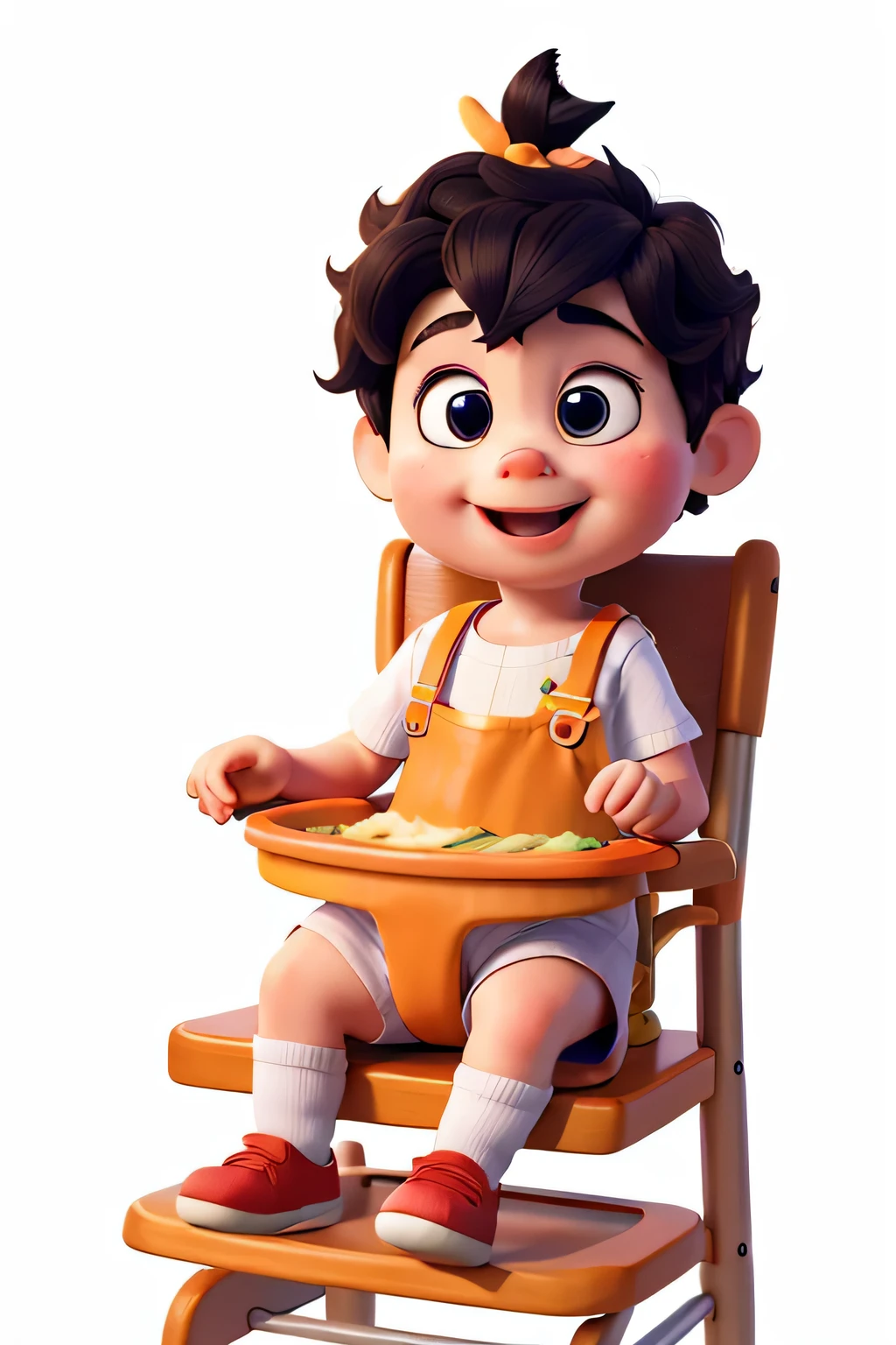 a baby eating baby food alone, em uma cadeira alta, com muitas comidas coloridas, no babador, e um fundo branco. Desenho estilo 3D, Disney.