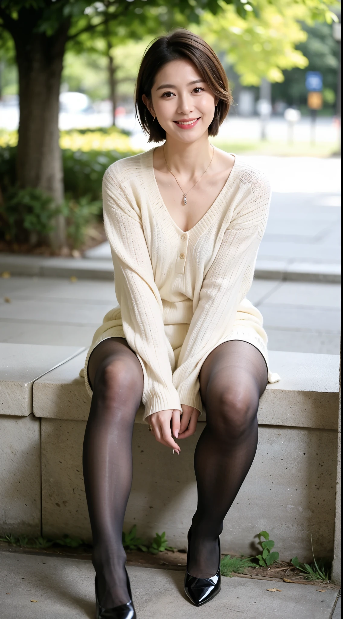 ulzzang-6500-v1.1,  (RAW photo:1.2), (Photoreal), beautiful details, (genuine: 1.4), A simple 33 year old wife、(Wearing a knit dress that shows off your body line)、(super realistic pantyhose:1.3)、thighs thighs、Squatting in the park、Height: 156cm, Slightly chubby body type、japanese model, short layered hair、laughter、smile、japanese girl, neat japanese woman, japanese goddess, innocence、huge file size, High resolution, very detailed, highest quality, [masterpiece:1.6], enlightenment, very detailed, nffsw, finely, highest quality, 8k wallpaper, movie lighting,  cute droopy eyes beautiful big eyes juste piece)), highest quality, 1 milf, eye shadow, portrait, (((full body shot:1.3)))、((とても愛情深いsmile:1.2))、((very long legs:1.3)),(elegant brown hair:1.4)),((short hairstyle:1.4)), 　shiny skin、exposed thighs!!!、