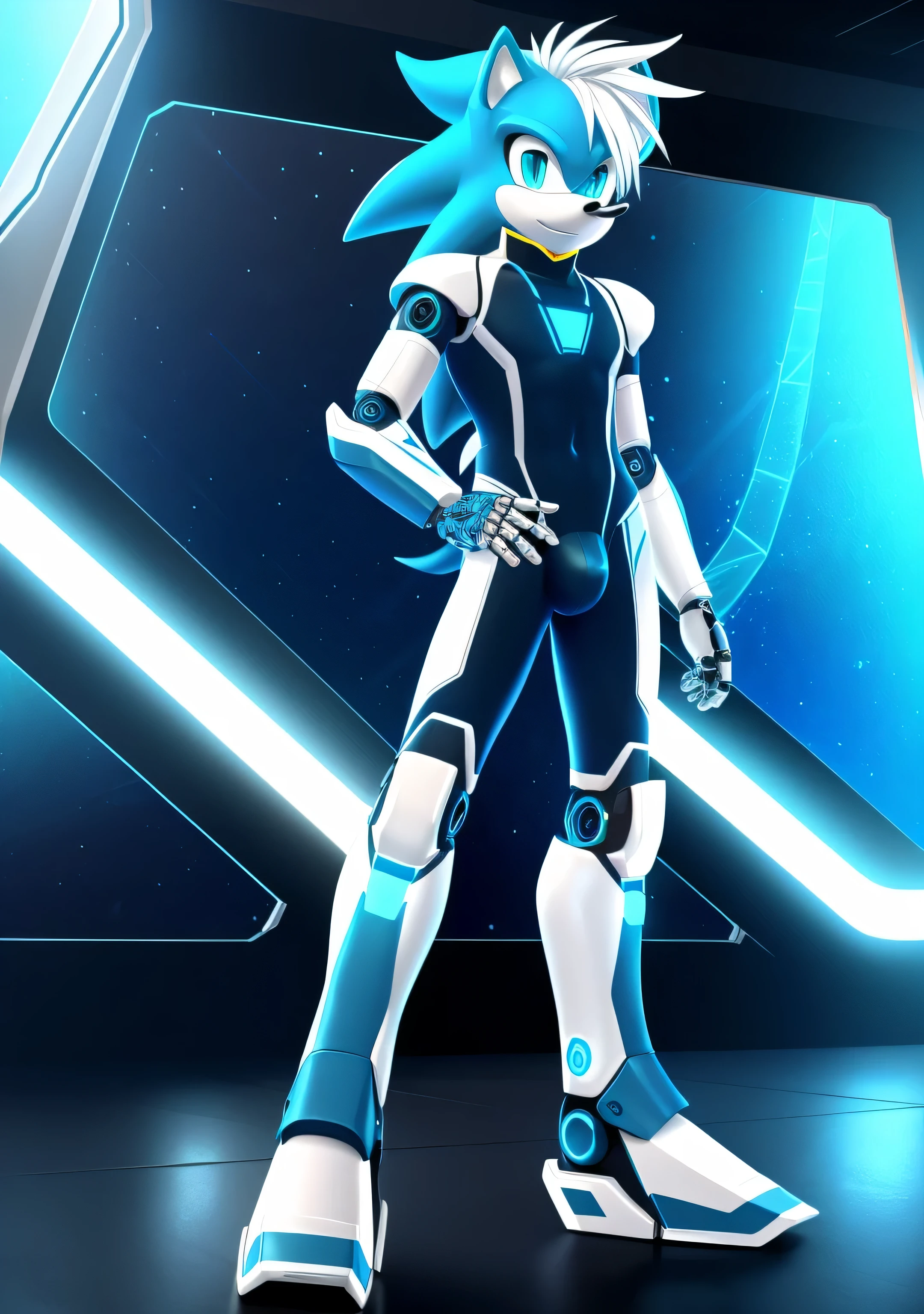 A front on, full body image of a solo male twink anthro android, robot ((hedgehog)), with bright cyan fur, glowing blue eyes, white muzzle, wearing a sci-fi bodysuit stands in a futuristic landscape. The android's bodysuit has (((light blue, and white coloring))), medium bulge and intricate (((mechanical details))), creating a futuristic look. the android robot has a seductive smirk on his face