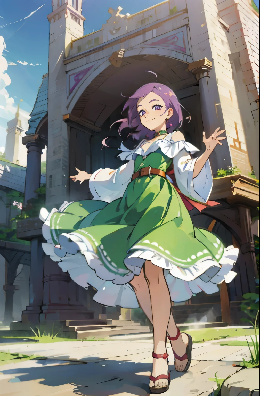 Kisho, 1 girl, purple hair, fantasy world, Remains, Bang, beautiful sky, shining sky, sunlight, smile, waving, sandals, belt, ribbon choker, Dresses that blow the wind, White lace dress, Off-shoulder sleeve, both hands, perfect fingers, five fingers, beautiful eyes