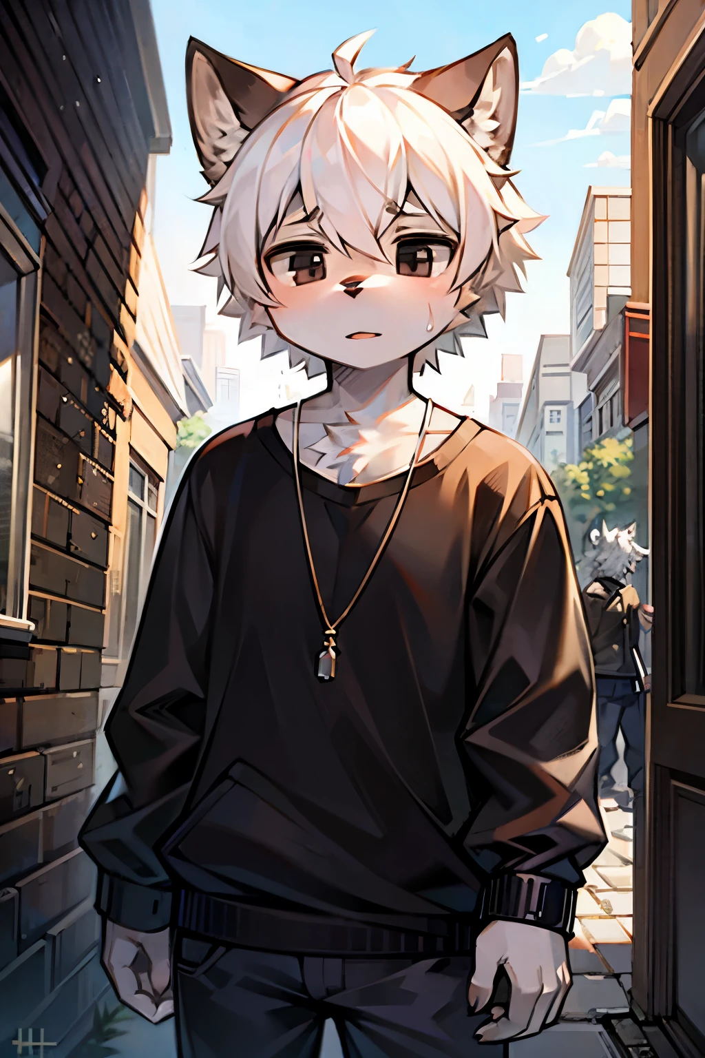 1 Chico, Wolf, white and black fur, young people, black eyes, messy hair, white hair, short hair, masterpiece, Very detailed, Casual Clothing