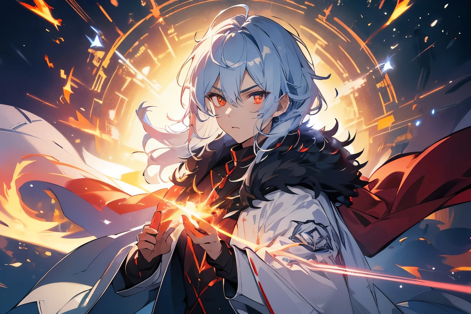 (ultra-detailed, perfect pixel, highres, best quality, beautiful eyes finely detailed), 19 years old boy, have power like demon god in manhwa, full of demonic aura, angry facial expression, green eye color (glowing red eyes), white hair (half of his hair covered with blue flame), with middle age style outfit, elegant, realistic fire, the background is full of magical particles and realistic blue fire. lens flare, glowing light, reflection light, motion blur, 8k, super detail, ccurate, best quality, Ray tracing.
