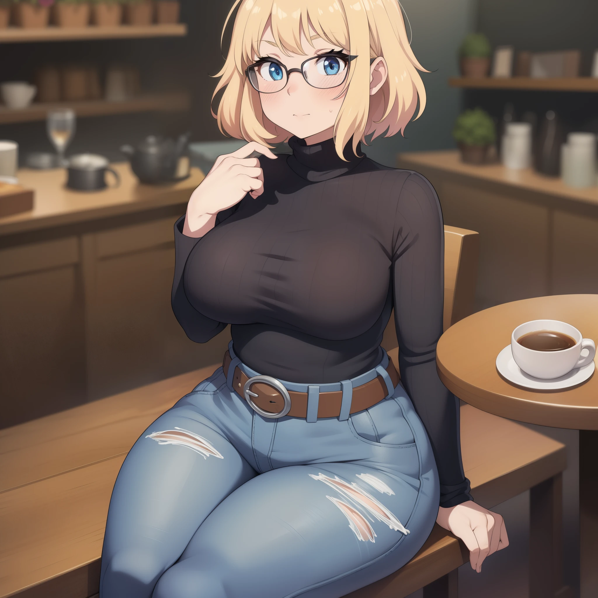 ((Masterpiece)), perfect anatomy, perfect shading, field of depth, (best quality), extremely delicate and beautiful, perfect lighting, detailed face, ultra cute face, cute, (cowboy shot 1.2), full body, (((1girl))), ((solo)), looking at viewer,

short hair, fluffy hair, blonde hair, blue eyes, Glasses, ((blush)), shy, nervous, embarrassed, (black turtleneck sweater 1.5), (jeans 1.2), belt, extremely tight clothes, medium breasts, ((wide hips)), ((thick thighs)), ((chubby)),

coffee shop, intricate background, detailed background, sitting on a chair mug on table, (spoken heart),