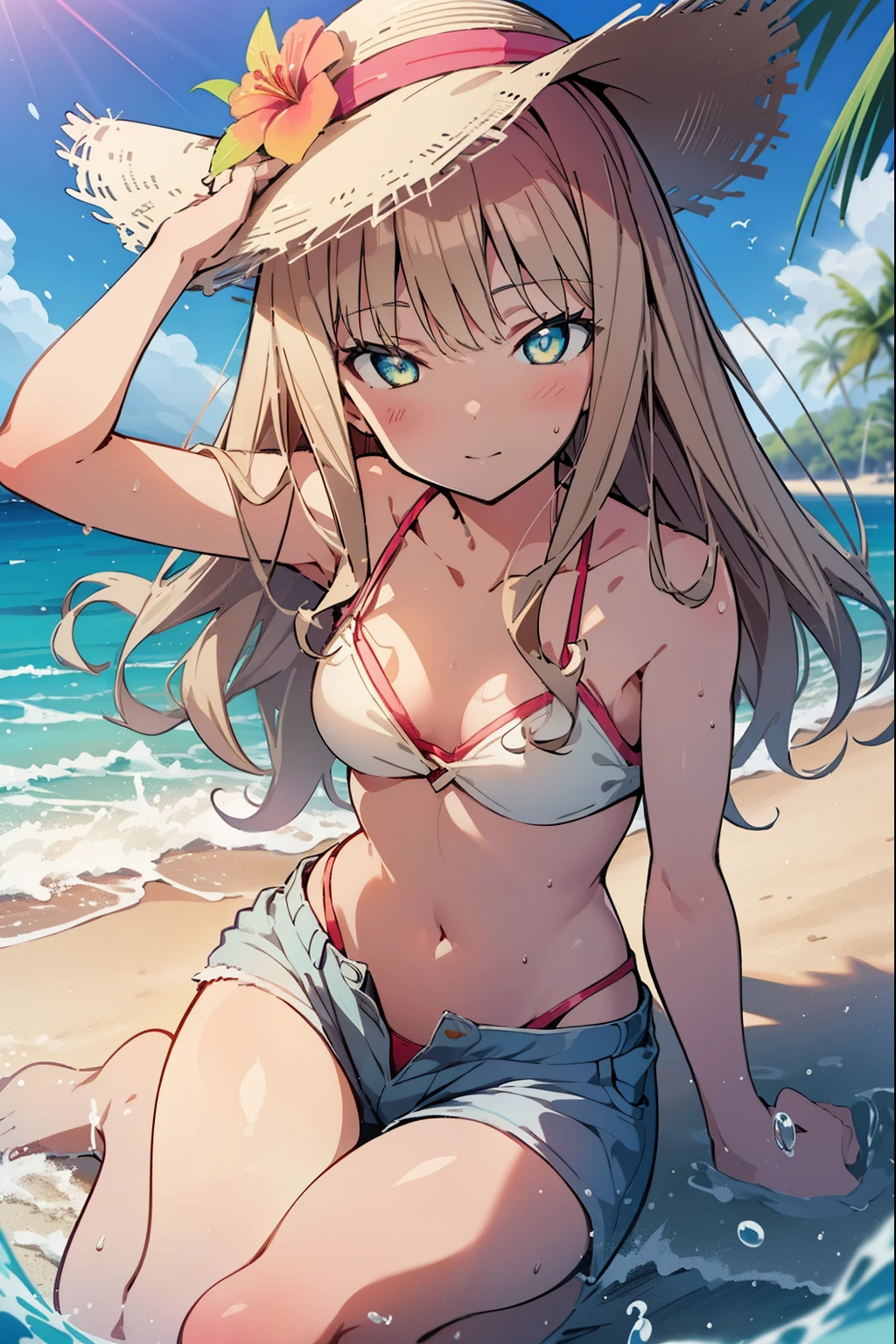 The bud of a tropical dream,The bud of a tropical dream sss dynazenon ,brown hair,long hair,green eyes,big straw hat,smile,blush,hibiscus hair ornament,blue bikini swimsuit,barefoot,ビーチのsandy beachを散歩しながら,sky blue hair waving in the wind,sandy beachに座ってる,
rest outdoors, sandy beach,destroy the seaside (masterpiece:1.2), highest quality, High resolution, unity 8k wallpaper, (shape:0.8), (thin and beautiful eyes:1.6), highly detailed face, perfect lighting, Very detailed CG, (perfect hands, perfect anatomy),