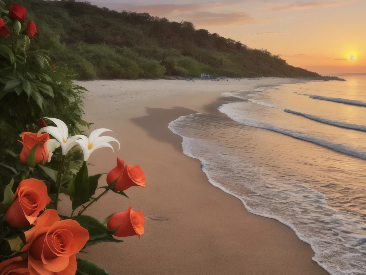 (best quality, artwork: 1.1), (Realistic: 1.4), 8k, beautiful landscape of women's day, many peace lily plants, many red roses, beautiful sunset, beach