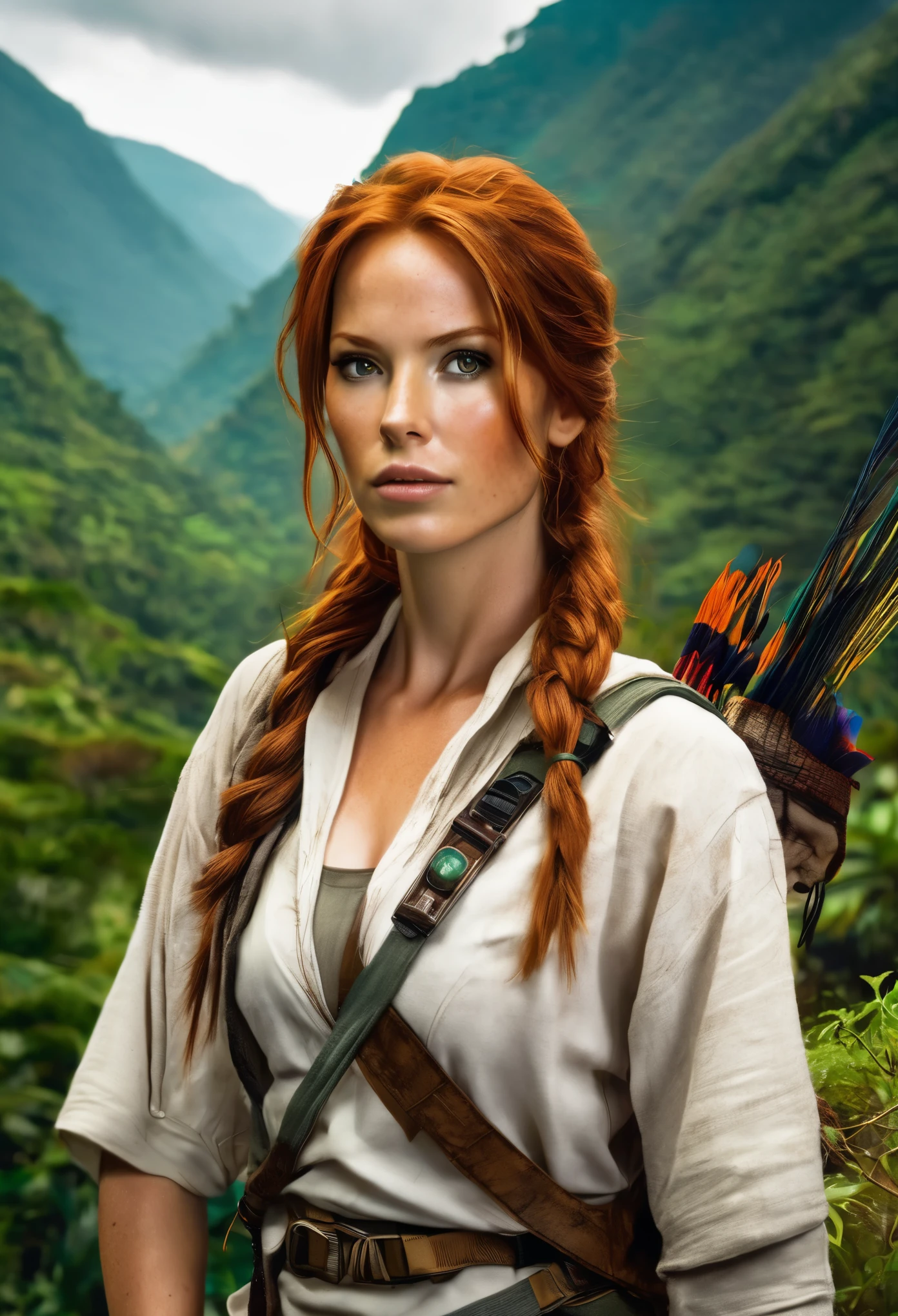 create a pale ginger redhead woman with robes and scenery from lara croft tomb raider 3 in peru with forest scenery, lugares altos e agua cristalina e nevoa