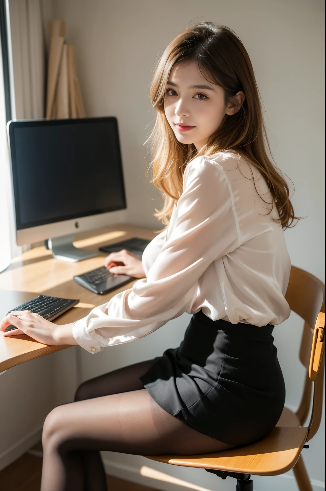 ulzzang-6500-v1.1, (RAW photo:1.2), (Photoreal), (See-through:1.3), (muste piece), (genuine:1.4), 1girl、26 years old、game_ticker, オーシャンブルーのeye(eye), smile of shame、blonde semi-long hair、curly hair、ヨーロッパのgirl、(Elegant silk blouse:1.3), (super realistic pantyhose:1.2), (flare skirt:1.2), sitting in the office and working at the desk、realistic skin texture、shiny skin、exposed thighs!!! , Makeup、