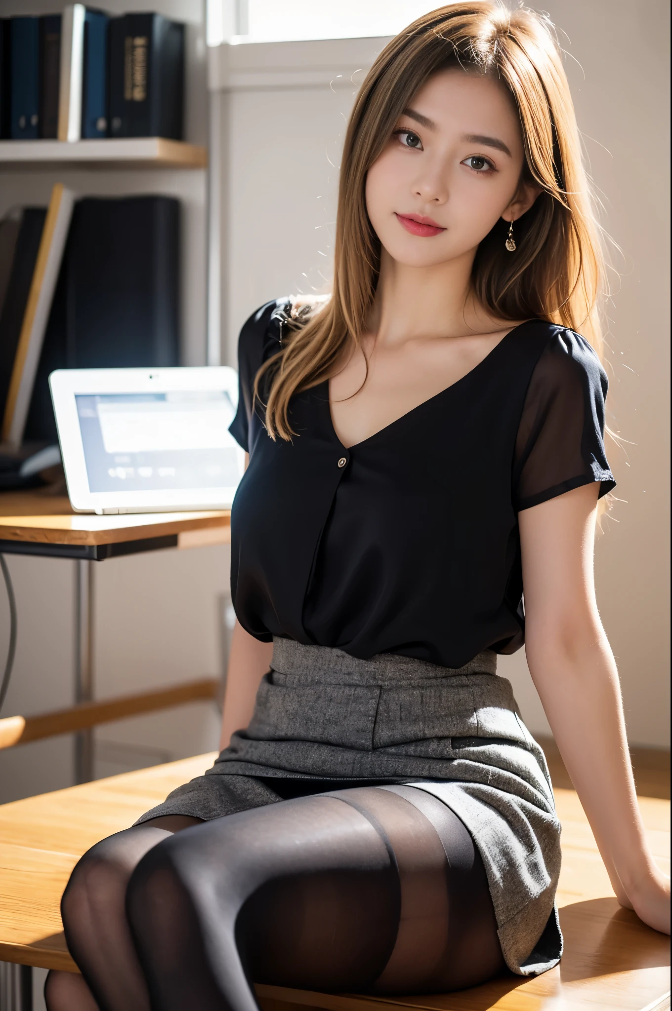 ulzzang-6500-v1.1, (RAW Photos:1.2), (Photorealistic), (See through:1.3), (Genuine:1.4), 1With a girl、26 years old、, Ocean Blue Eyes(Eye details), A shy smile、Blonde semi-long hair、Curly Hair、European girl、(Elegant silk blouse:1.3), (Ultra-realistic pantyhose:1.3), (flare skirt:1.2), sitting in the office and working at the desk、Realistic skin texture、Glowing Skin、Exposed thighs!!! ,Makeup、