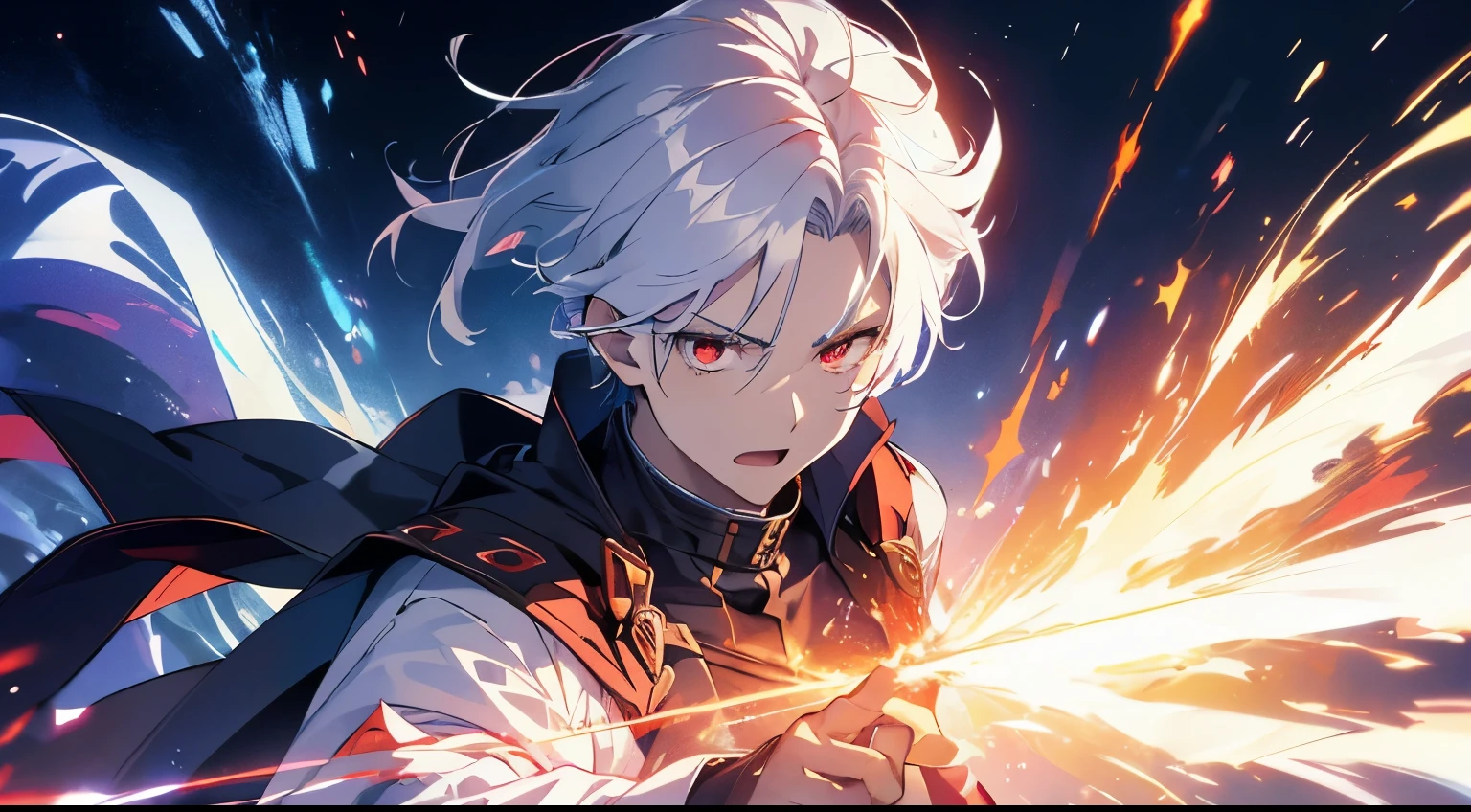 (ultra-detailed, perfect pixel, highres, best quality, beautiful eyes finely detailed), 19 years old boy, have power like demon god in manhwa, full of demonic aura, angry facial expression, green eye color (glowing red eyes), white hair (half of his hair covered with blue flame), with middle age style outfit, elegant, realistic fire, the background is full of magical particles and realistic blue fire. lens flare, glowing light, reflection light, motion blur, 8k, super detail, ccurate, best quality, Ray tracing.