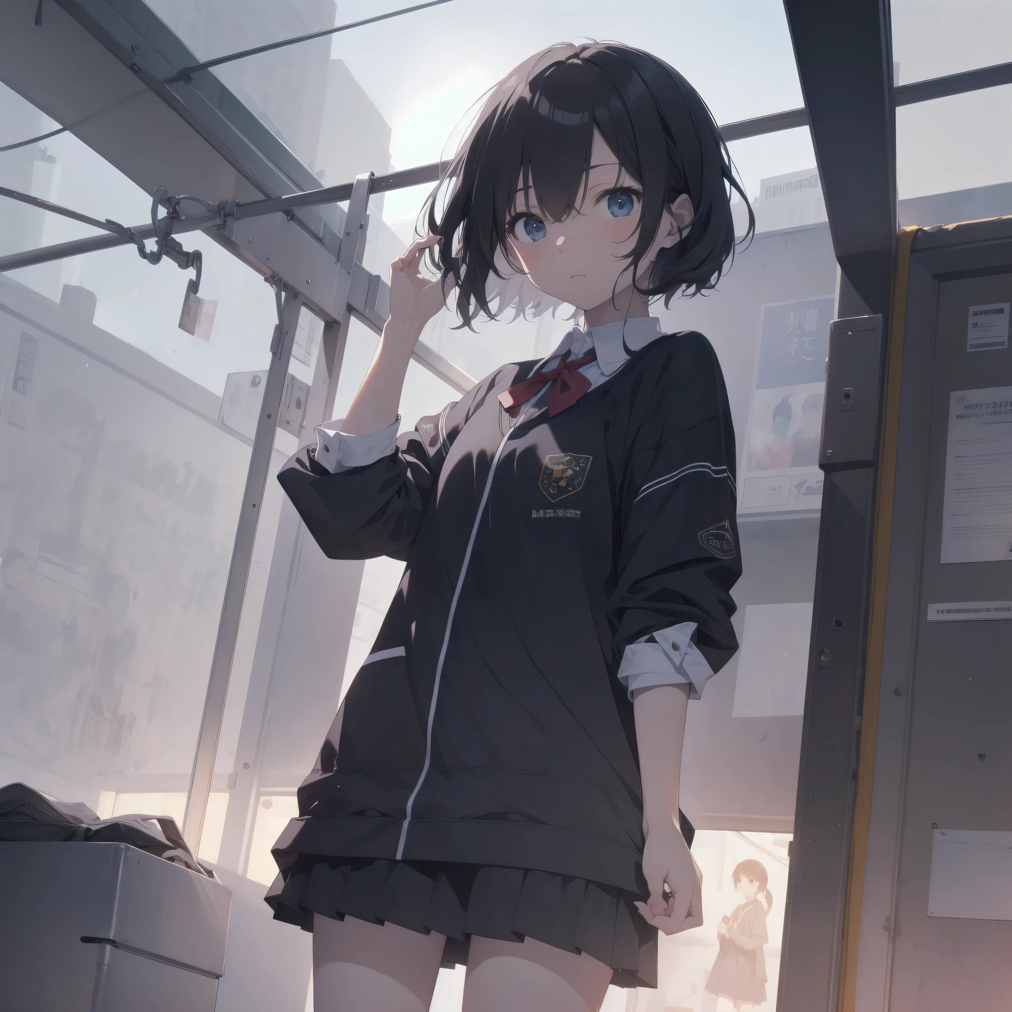 Super absurd quality by the god of art, super detailed, High resolution, anime moe art style, Best Anime 8K Kona-chan Wallpaper, pixiv contest winner, perfect anatomy, break,(眠そうにalone学校へ行く女の子を描いてください. )break,1 girl, (alone,little woman, baby face, 13 years old:1.3),All limbs, full finger,, The charm of an immature body, (very_short hair), Bang, flat chest, small ass, between legs, small black eyes, detailed and beautiful eyes, Well-proportioned iris and pupils, expressive eyes, sleepy eyes, High resolutionの詳細な髪, neck ribbon, shirt, collared shirt, skirt, pleated skirt, school uniform, school bag,(detailed lighting), (detailed background), On the way to school. break,super dense skin, Best cinematic lighting powered by famous artist, 8k,collaboration illustration,cute illustration,photoshop_(Moderate),Absurd Hi-Res,Hmm,rough skin,break,((artist:mifuru )),artist:Fujichoko, artist:Mitsumi_Misato, 