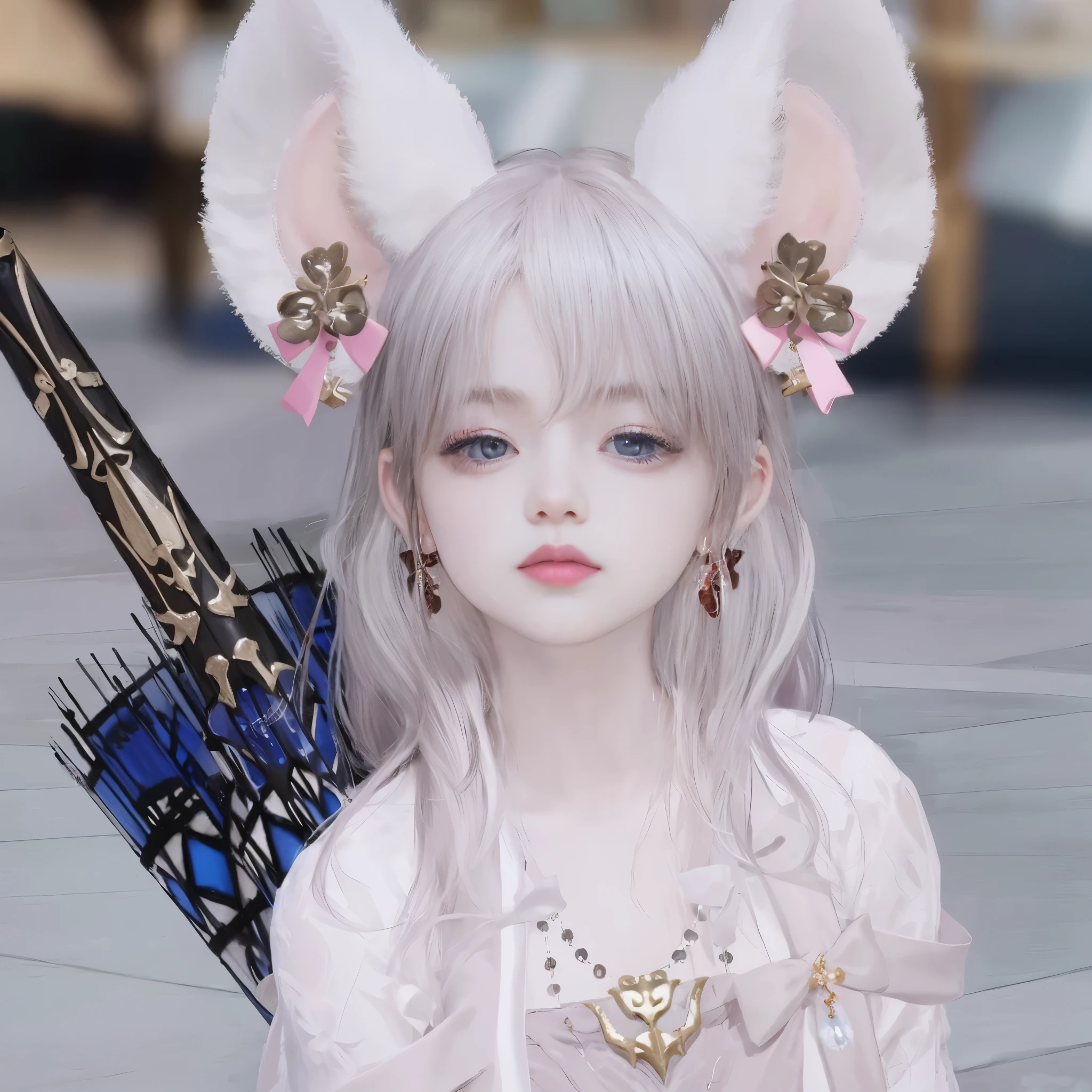 anime fille with blanc hair and ears holding a blue umbrella, blanc fox ears, fille with chat ears, Oreilles de loup, blanc chat fille, lineage revolution style 2, oreilles pointues, blanc ( chat ) fille, pale oreilles pointues, lalafell, guweiz, des chevaliers, beautiful mouse - fille, beautiful young chatfille, for a very long time