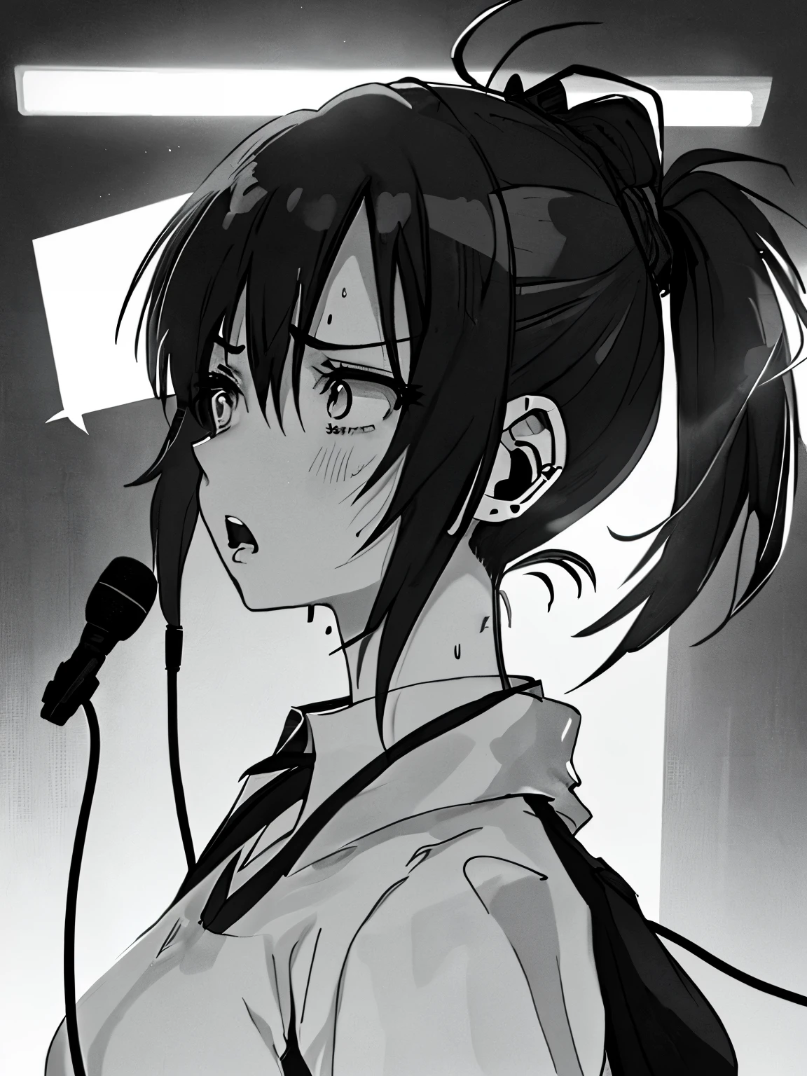Anime girl, short pony tail, dramatic expression, seriously face, Singing in front of mic, sweating, wear headset, dramatic atmosphere, recording process