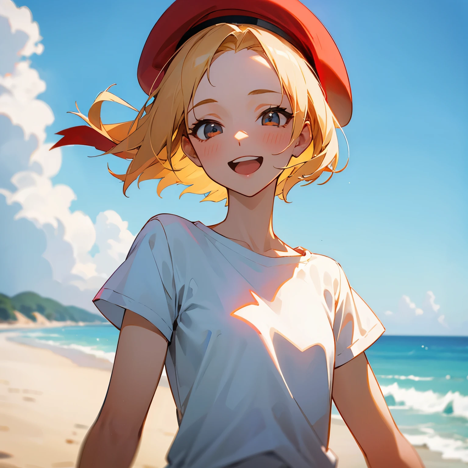 1girl,Best Quality,Masterpiece,Blonde,(Front:1.2),short hair,(plain white tshirts:1.5),blown black eyes,flat chest,adult,gloss skin,open mouth,(red beret:1.4),smile,Ocean:1.5,morning