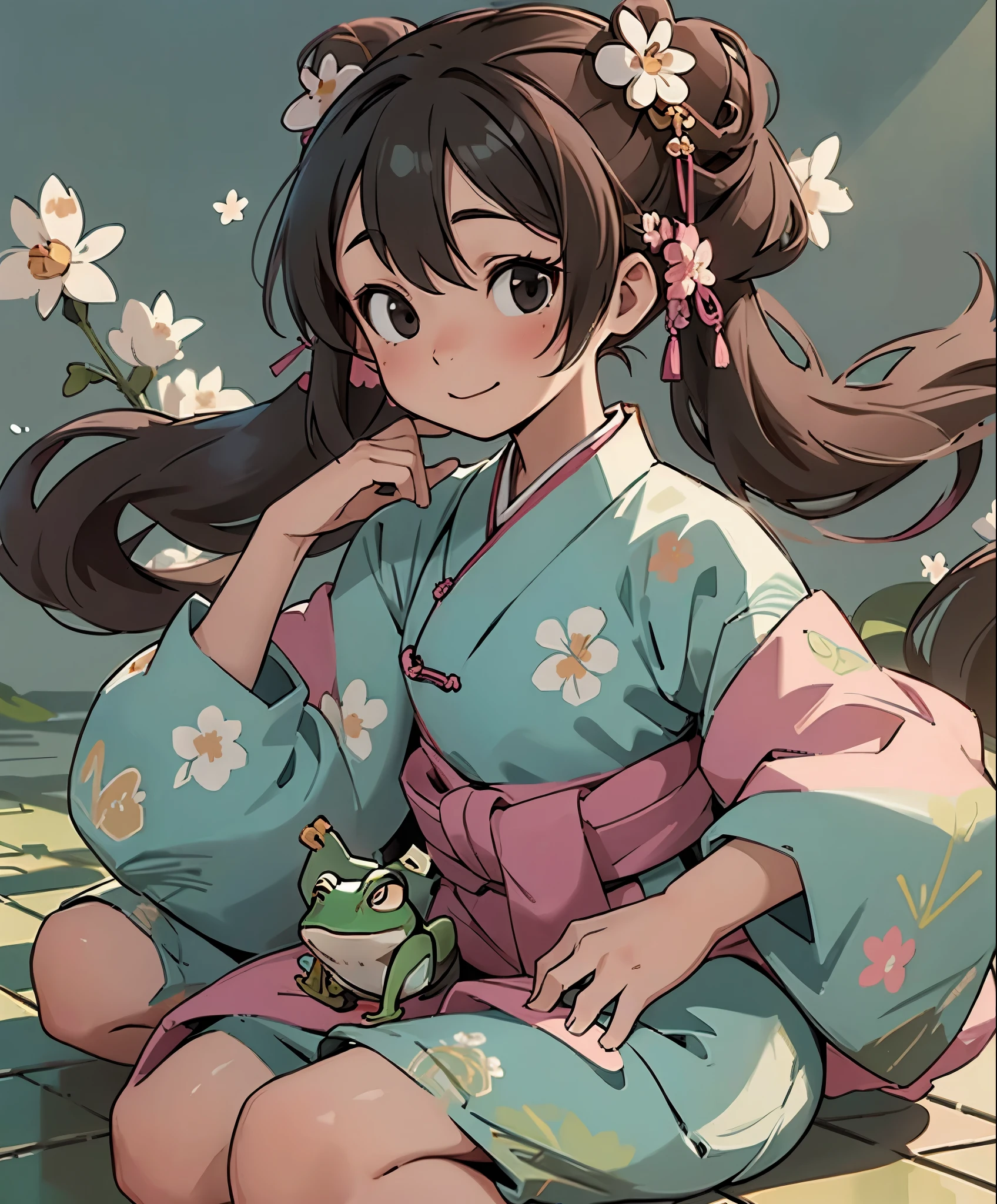 (masterpiece、highest quality、highest quality、official art、beautiful beautiful:1.2)、(1 girl:1.3)Hatsune Miku、twin tails,big breasts,(light brown hair:1.2),(long hair with curls,:1.3),(Drill Curl Hair:1.25),(bun hair:1.3),(black eye:1.4),(eye size:1.5),(flower motif accessories:1.3),((Hanbok fashion:1.4)),(Sheer Sleeve:1.4),(Fluffy skirt:1.35),(Background full of blooming flowers:1.5),(blush),(cute smile:1.3),(small breasts:1.4),(close up of face:1.25),((Frog sits on the floor:1.3)),