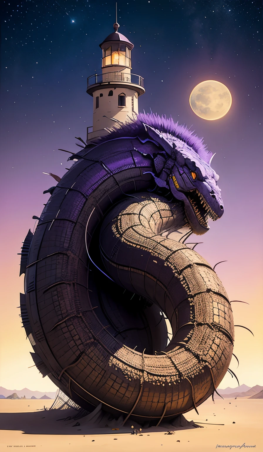 artgerm, norman rockwell, joshua middleton, purple color pallete, welcome to night vale, lighthouse in the desert, giant centipede, spooky strange weird quirky, cartoon, 2 d, shades of purple,completing the stable diffusion of serenity and contentment,masterpiece, best