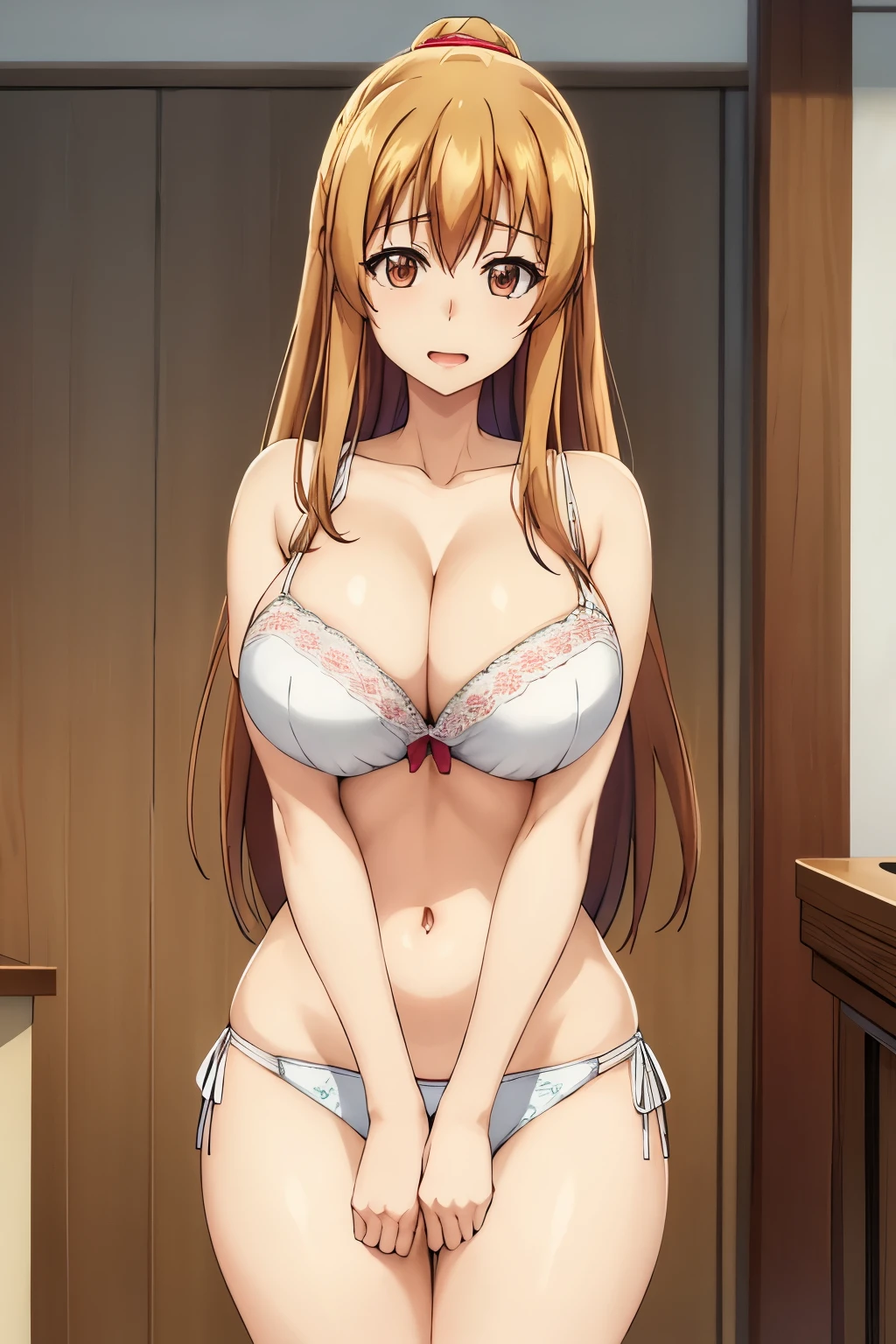 Huge tits, white bra, panties, Busty, slim waist, best quality, (masterpiece:1.2), highly detailed, street,
1girl,  kotegawa nanaka, looking at viewer, slight smile, open mouth, brown eyes, long hair, indoor, room, bedroom, wardrobe, legs, straight hair, fullbody