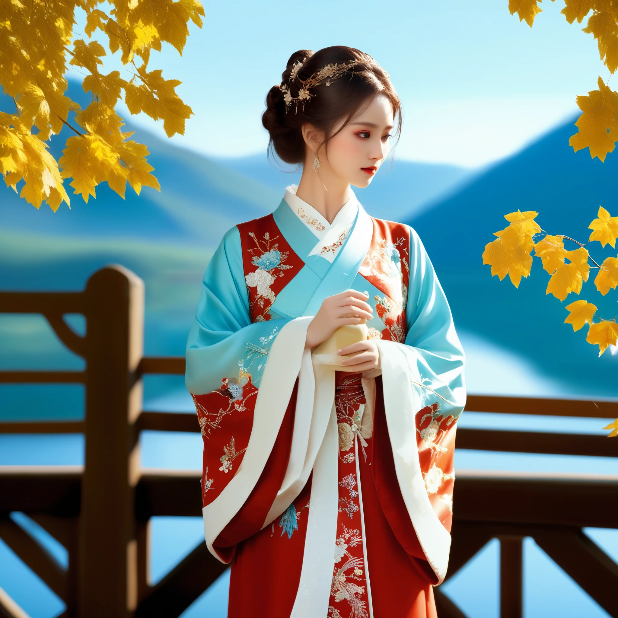 photorealistic,realistic,masterpiece,best quality,4k,，
A girl standing near the bridge over the lake, Wear new Chinese clothing that combines traditional Chinese Hanfu and modern clothing elements, Showing a unique oriental charm. Her clothes are mainly in red and white colors, With exquisite embroidery and beadwork, Showing the profound heritage of Chinese traditional culture. Her hairstyle is simple yet elegant, Wearing gorgeous hair accessories, Adds a splash of color to the overall look. Her makeup is delicate and elegant, Highlighting her natural beauty. Her eyes are bright and energetic, It seemed to be telling her inner story. Her skin is fair and delicate, Exudes a charming luster. Her figure is graceful and dignified, Exudes a noble temperament. She stood on the bridge by the lake, Behind you are the sparkling water and the mountains in the distance., It forms a beautiful picture. The sun shines on her body, Contrast between light and dark, highlighting her theme.