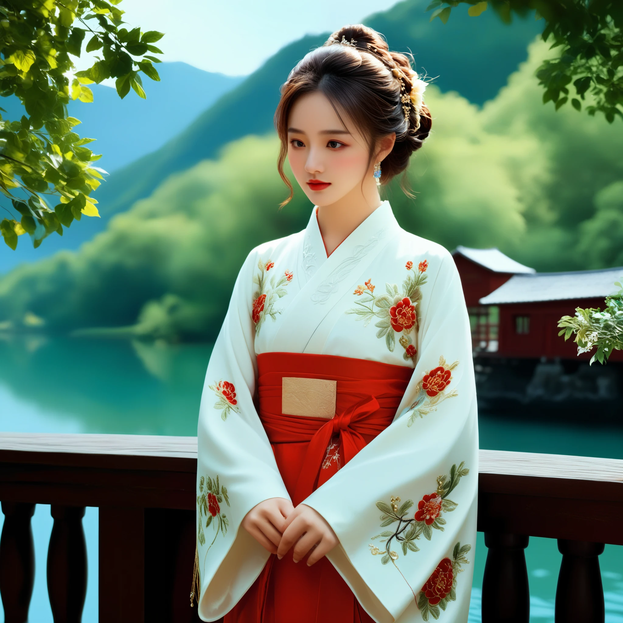 photorealistic,realistic,masterpiece,best quality,4k,，
A girl standing near the bridge over the lake, Wear new Chinese clothing that combines traditional Chinese Hanfu and modern clothing elements, Showing a unique oriental charm. Her clothes are mainly in red and white colors, With exquisite embroidery and beadwork, Showing the profound heritage of Chinese traditional culture. Her hairstyle is simple yet elegant, Wearing gorgeous hair accessories, Adds a splash of color to the overall look. Her makeup is delicate and elegant, Highlighting her natural beauty. Her eyes are bright and energetic, It seemed to be telling her inner story. Her skin is fair and delicate, Exudes a charming luster. Her figure is graceful and dignified, Exudes a noble temperament. She stood on the bridge by the lake, Behind you are the sparkling water and the mountains in the distance., It forms a beautiful picture. The sun shines on her body, Contrast between light and dark, highlighting her theme.