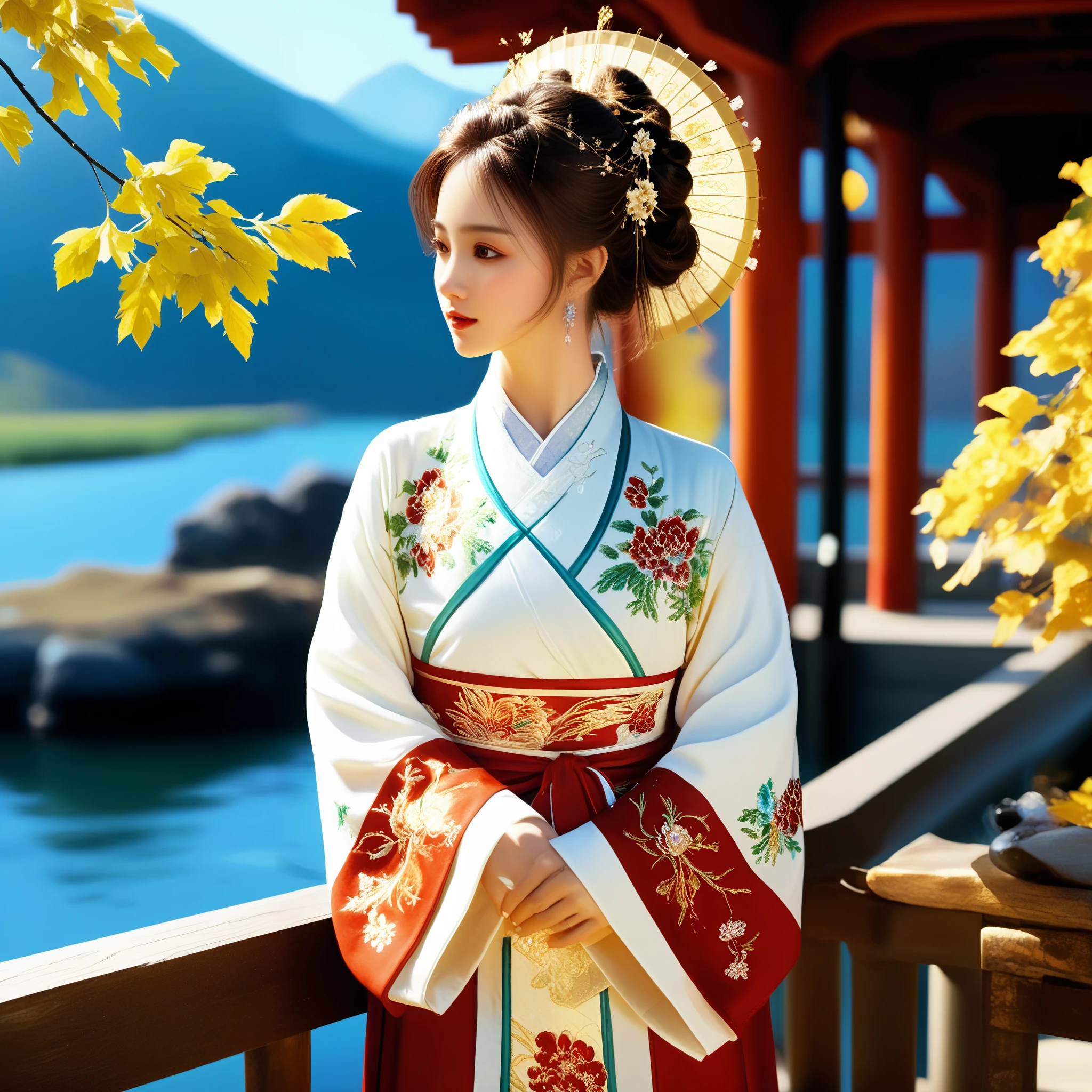 photorealistic,realistic,masterpiece,best quality,4k,，
A girl standing near the bridge over the lake, Wear new Chinese clothing that combines traditional Chinese Hanfu and modern clothing elements, Showing a unique oriental charm. Her clothes are mainly in red and white colors, With exquisite embroidery and beadwork, Showing the profound heritage of Chinese traditional culture. Her hairstyle is simple yet elegant, Wearing gorgeous hair accessories, Adds a splash of color to the overall look. Her makeup is delicate and elegant, Highlighting her natural beauty. Her eyes are bright and energetic, It seemed to be telling her inner story. Her skin is fair and delicate, Exudes a charming luster. Her figure is graceful and dignified, Exudes a noble temperament. She stood on the bridge by the lake, Behind you are the sparkling water and the mountains in the distance., It forms a beautiful picture. The sun shines on her body, Contrast between light and dark, highlighting her theme.