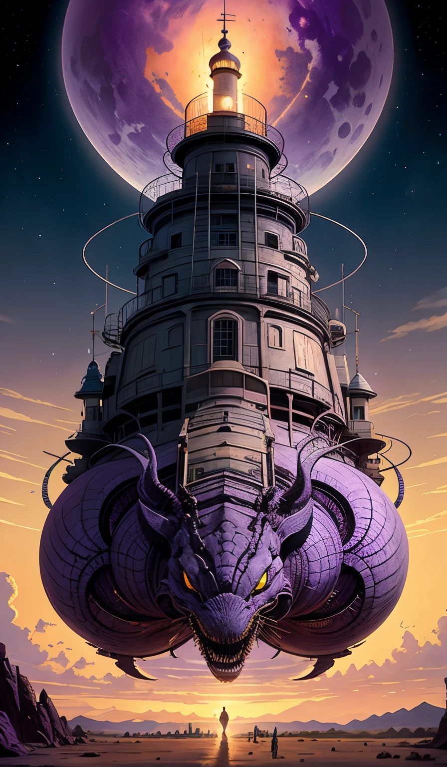 artgerm, norman rockwell, joshua middleton, purple color pallete, welcome to night vale, lighthouse in the desert, giant centipede, spooky strange weird quirky, cartoon, 2 d, shades of purple,completing the stable diffusion of serenity and contentment,masterpiece, best
