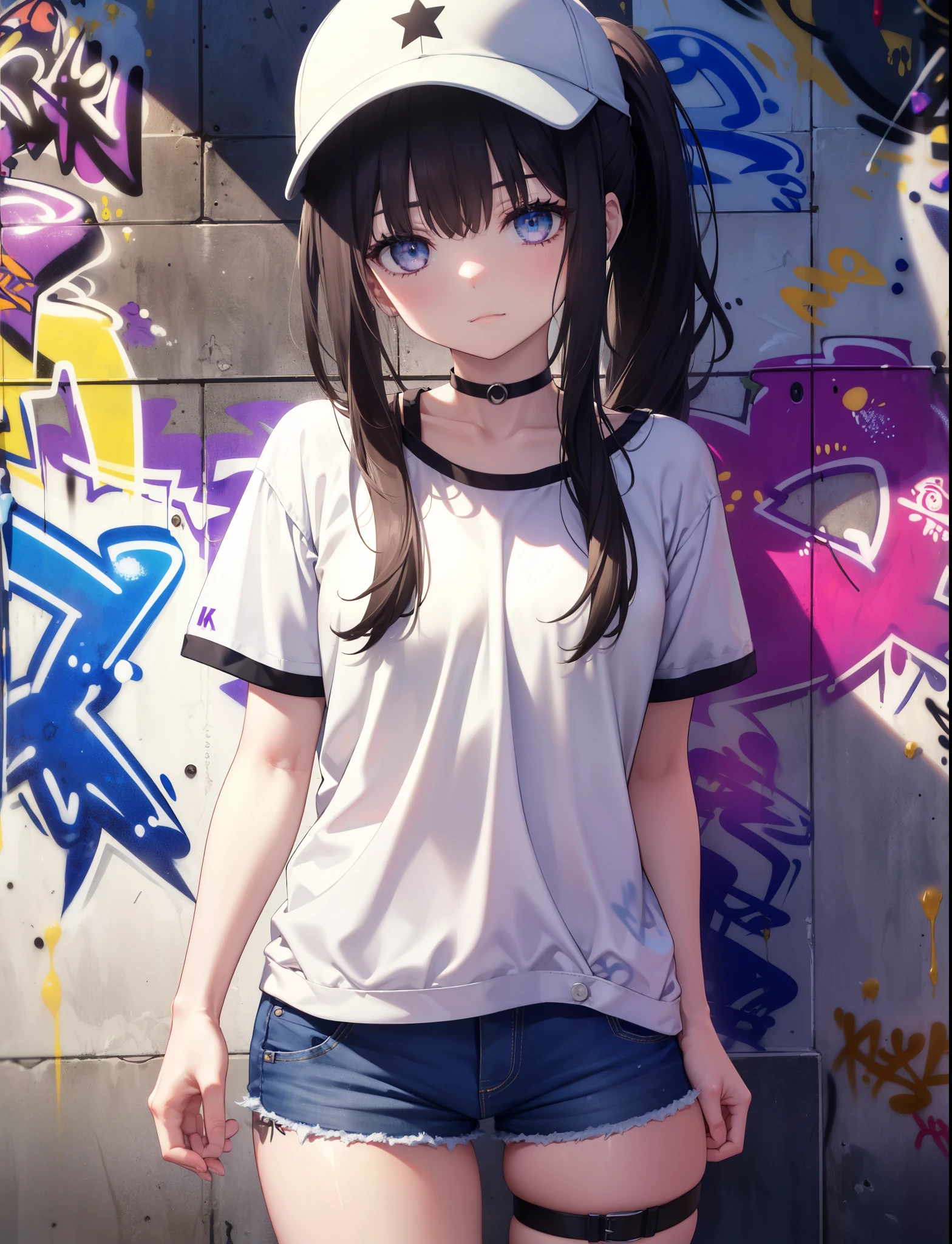 check it out, Inoue check, long hair, ponytail,have,bangs,baseball hat , black hair, (purple eyes:1.2),denim shorts, choker, (graffiti:1.5), paint splatters, turn your arms behind your back, towards the wall, looking at the viewer, armband, thigh strap, head tilt, was bored, ショートブーツ
break indoors,路地裏
break looking at viewer, (cowboy shot:1.5),
break (masterpiece:1.2), highest quality, High resolution, unity 8k wallpaper, (shape:0.8), (beautiful and detailed eyes:1.6), highly detailed face, highly detailed eyes,highly detailed nose,highly detailed mouth,perfect lighting, Very detailed CG, (perfect hands, perfect anatomy),