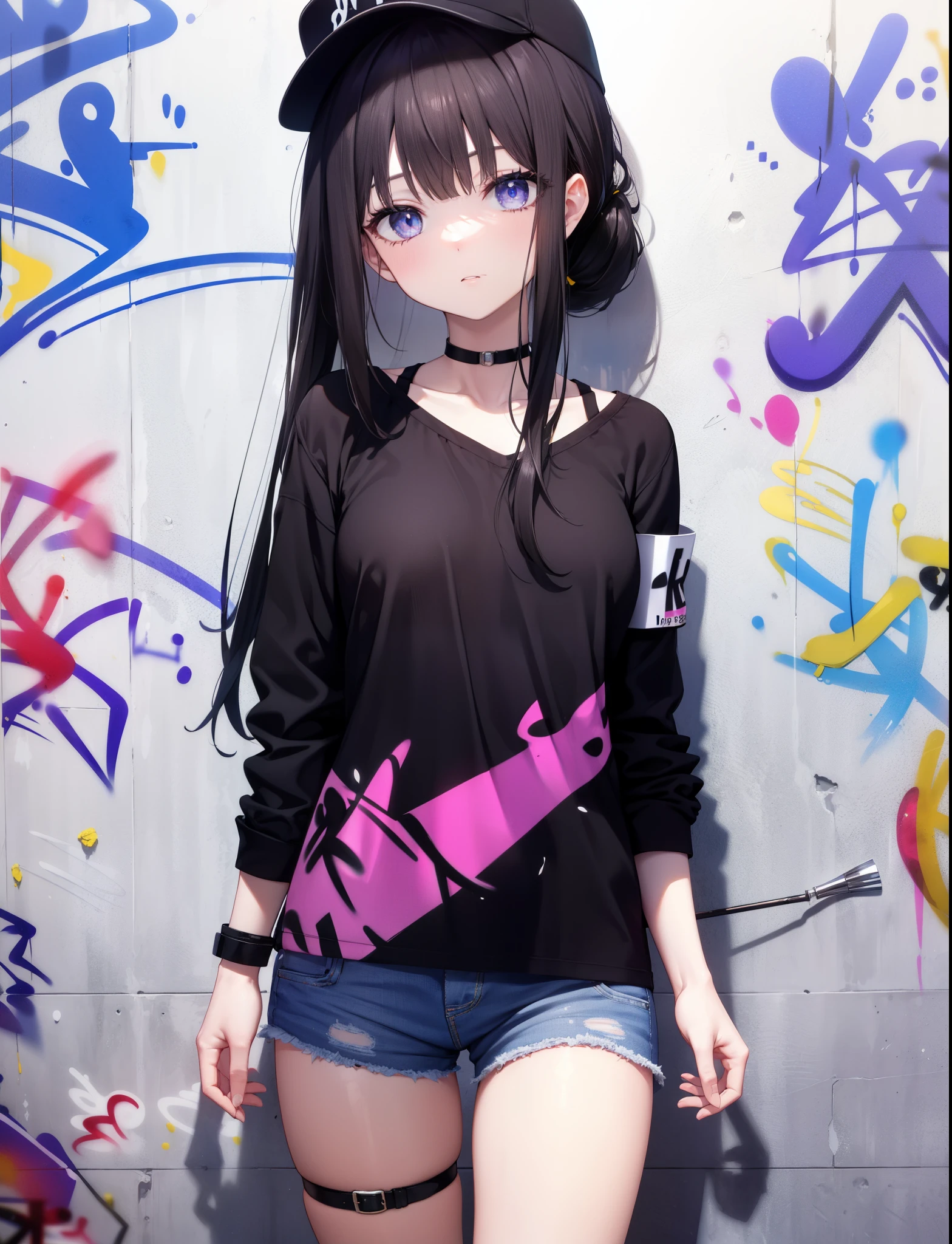 check it out, Inoue check, long hair, ponytail,have,bangs,baseball hat , black hair, (purple eyes:1.2),denim shorts, choker, (graffiti:1.5), paint splatters, turn your arms behind your back, towards the wall, looking at the viewer, armband, thigh strap, head tilt, was bored, ショートブーツ
break indoors,路地裏
break looking at viewer, (cowboy shot:1.5),
break (masterpiece:1.2), highest quality, High resolution, unity 8k wallpaper, (shape:0.8), (beautiful and detailed eyes:1.6), highly detailed face, highly detailed eyes,highly detailed nose,highly detailed mouth,perfect lighting, Very detailed CG, (perfect hands, perfect ???????),