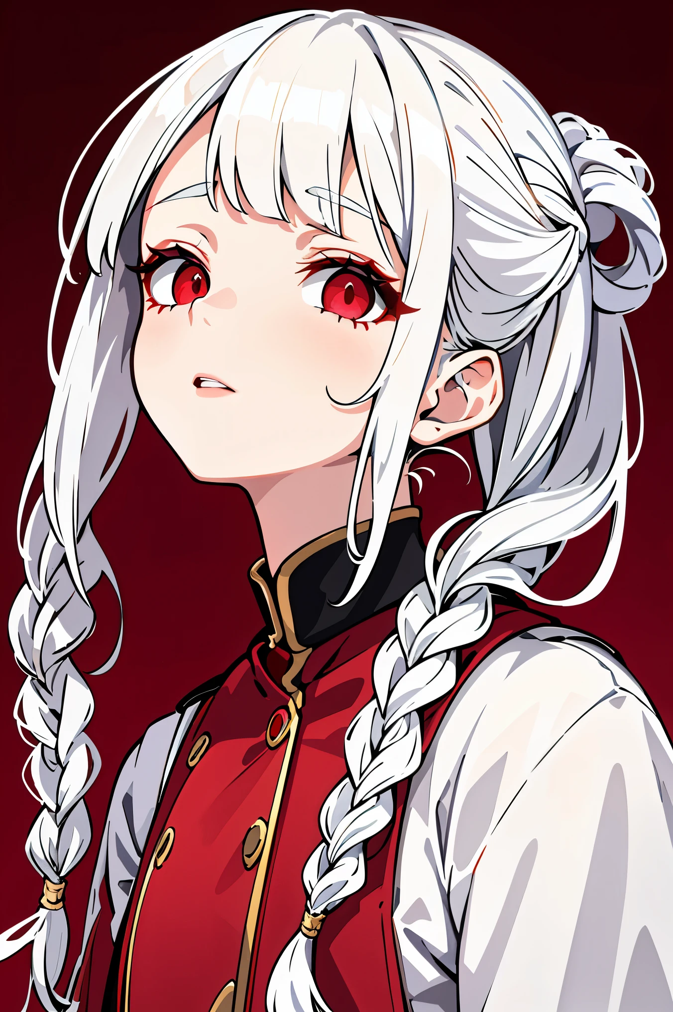 best quality, masterpiece,white hair, red eyes,white clothes, looking up, upper body,hair strand,Fair skin,side braids