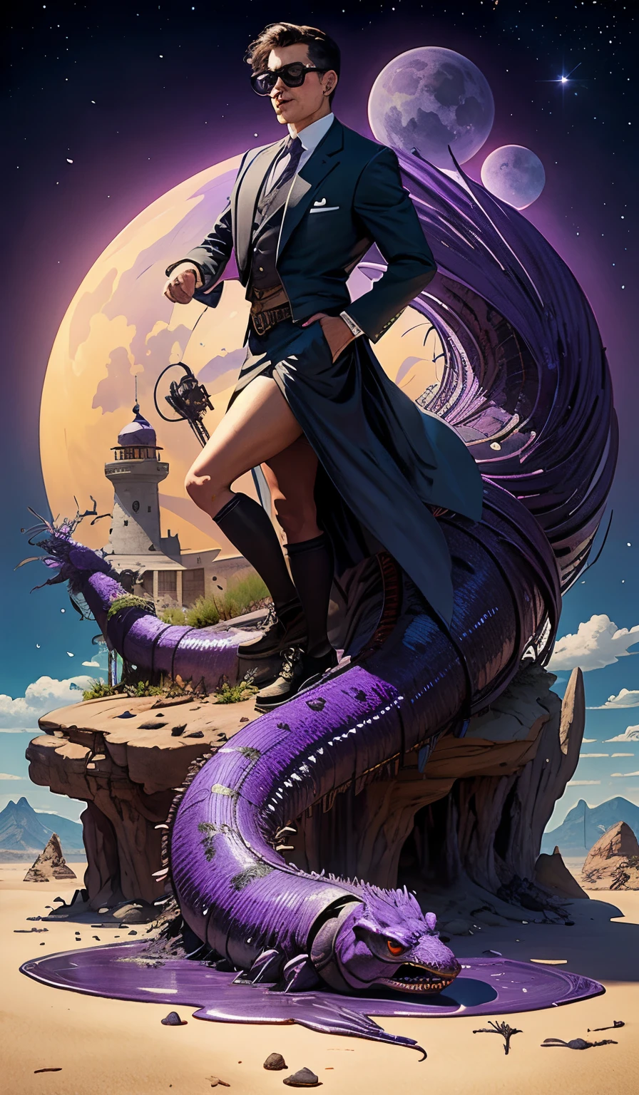 artgerm, norman rockwell, joshua middleton, purple color pallete, welcome to night vale, lighthouse in the desert, giant centipede, spooky strange weird quirky, cartoon, 2 d, shades of purple,completing the stable diffusion of serenity and contentment,masterpiece, best