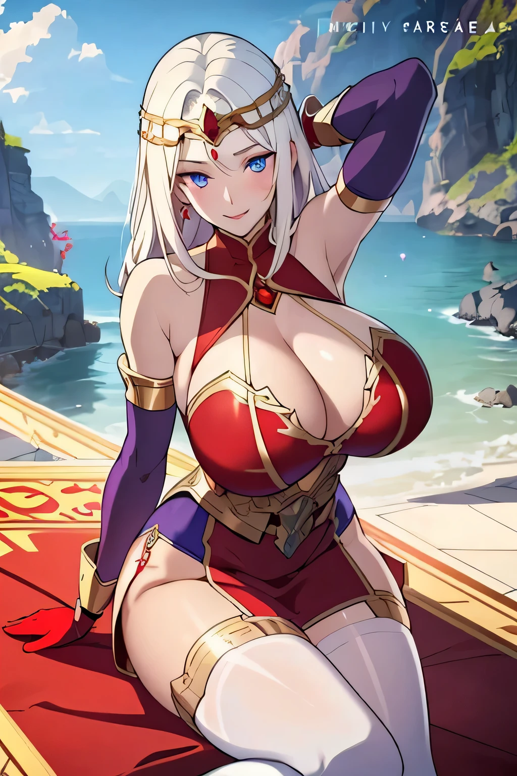 Lian, long white hair, hair stick, bangs, blue eyes, solo, smiling, standing, upper body, hips, bare shoulders,purple thighhighs, red dress, gold jewelry,armor,gloves,circlet, cleavage, red and gold royal castle, gigantic breasts, (best quality, masterpiece, beautiful and aesthetic:1.2, highest detailed face, perfect face,) eyes, perfect face,expressive eyes,
looking at viewer, in the center of the image,(Upper_body),(Focus on her face),
official art,extremely detailed CG unity 8k wallpaper, perfect lighting,Colorful, Bright_Front_face_Lighting,shiny skin,
(masterpiece:1.0),(best_quality:1.0), ultra high res,4K,ultra-detailed