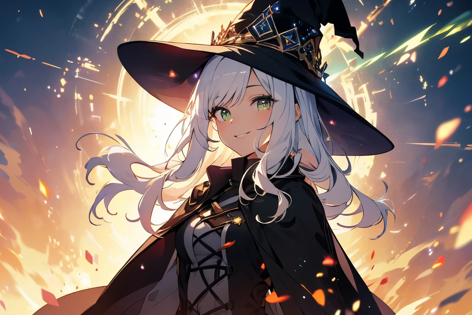 (ultra-detailed, perfect pixel, highres, best quality, beautiful eyes finely detailed), female, witch, full of aura, smile facial expression, green eye color, white hair, wavy hair, black middle age style outfit, witch point hat, elegant, the background is full of magical particles. lens flare, glowing light, reflection light, motion blur, 8k, super detail, accurate, best quality, Ray tracing.